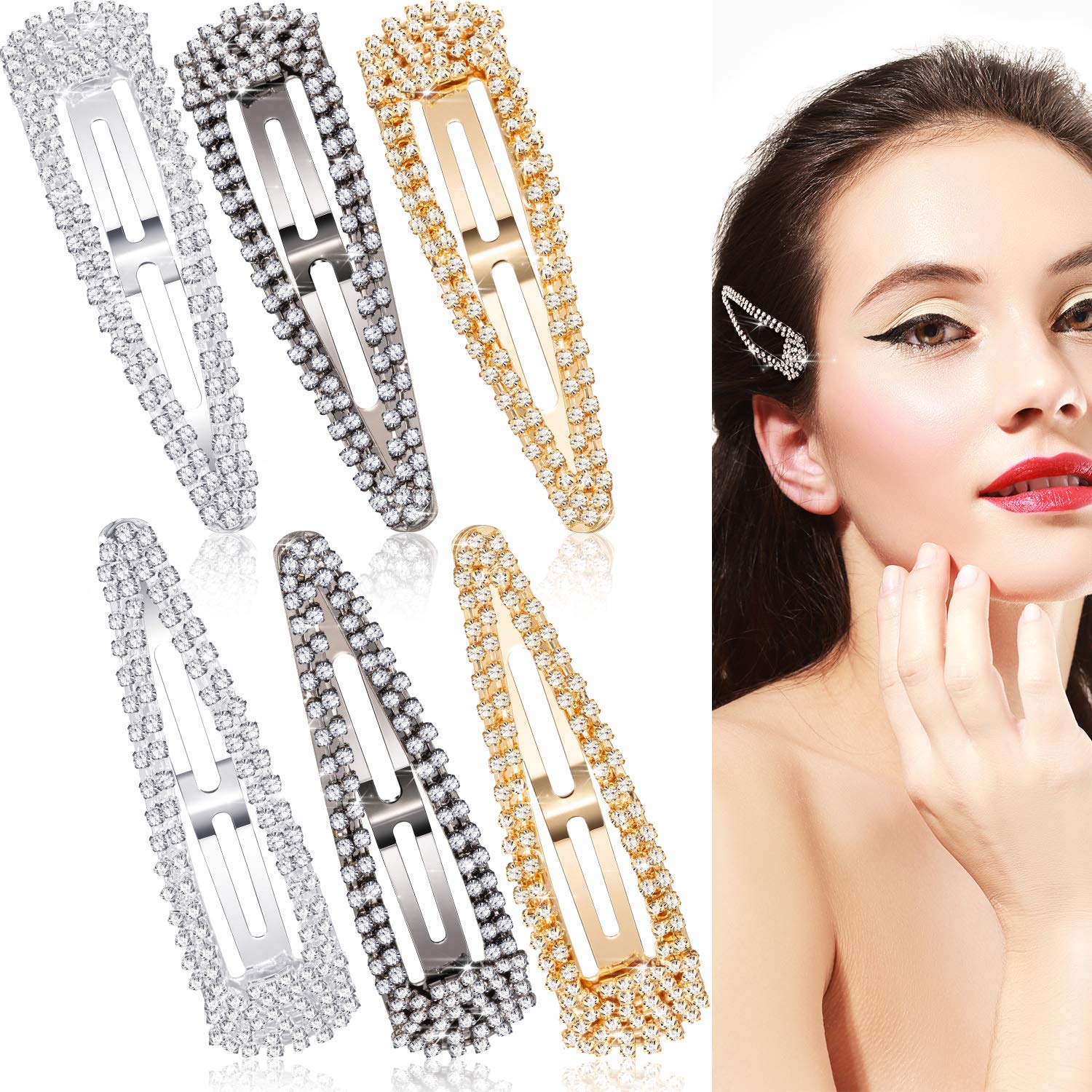 6-Piece Rhinestone Hair Clips Set - 3 Inch Snap Barrettes for Women & Girls - Wedding Bridal Hair Accessories in Black, Silver & Gold - Perfect for Parties, Prom & Special Occasions