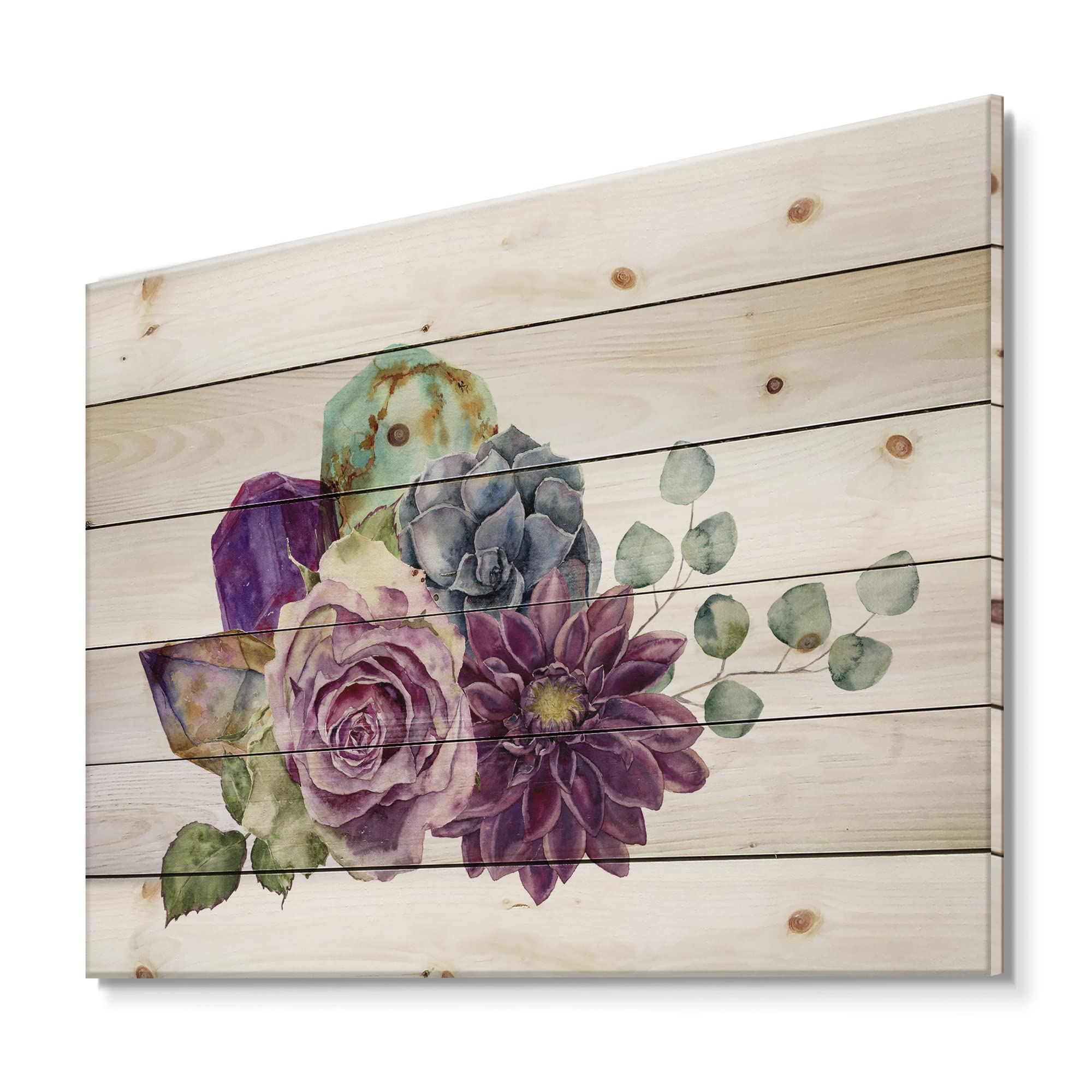DesignQ Bouquet of Flowers with Succulents & Eucalyptus Wood Wall Art - Large Floral Pine Wood Wall Decor for Living Room, Bedroom, Office - Purple Traditional Wood Wall Panels Printed on Natural Pine