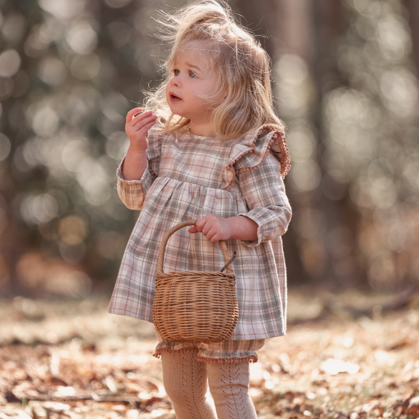 Stylish Plaid Ruffle Shoulder Dress with Bloomer Set for Baby Girls - Perfect for Holidays, Photoshoots & Special Occasions