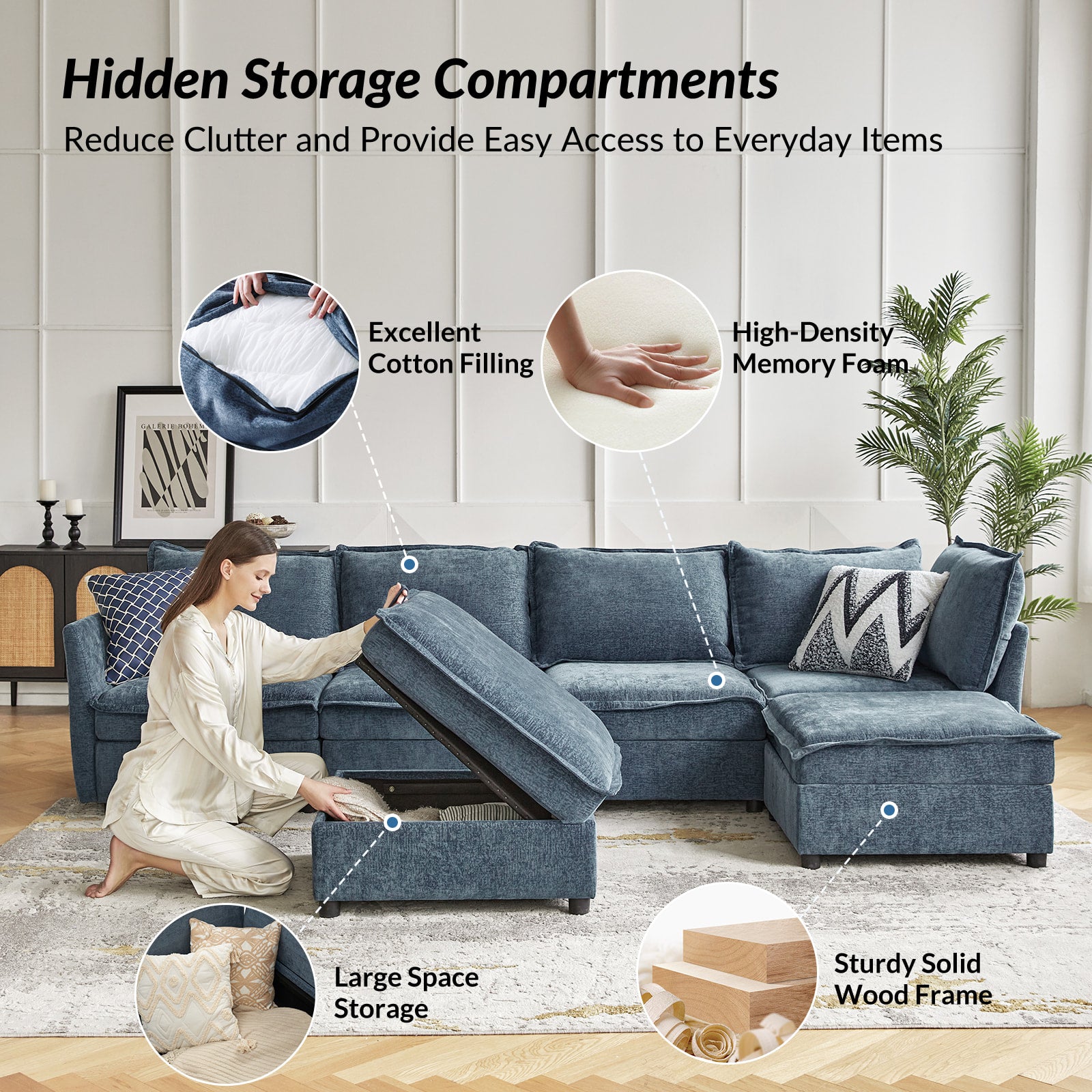 Harmetrix Oversized Soft Sectional Couch with Storage | Modern L-Shaped Sofa Bed with Hidden Compartment | Perfect for Living Room, Family Room & Small Spaces