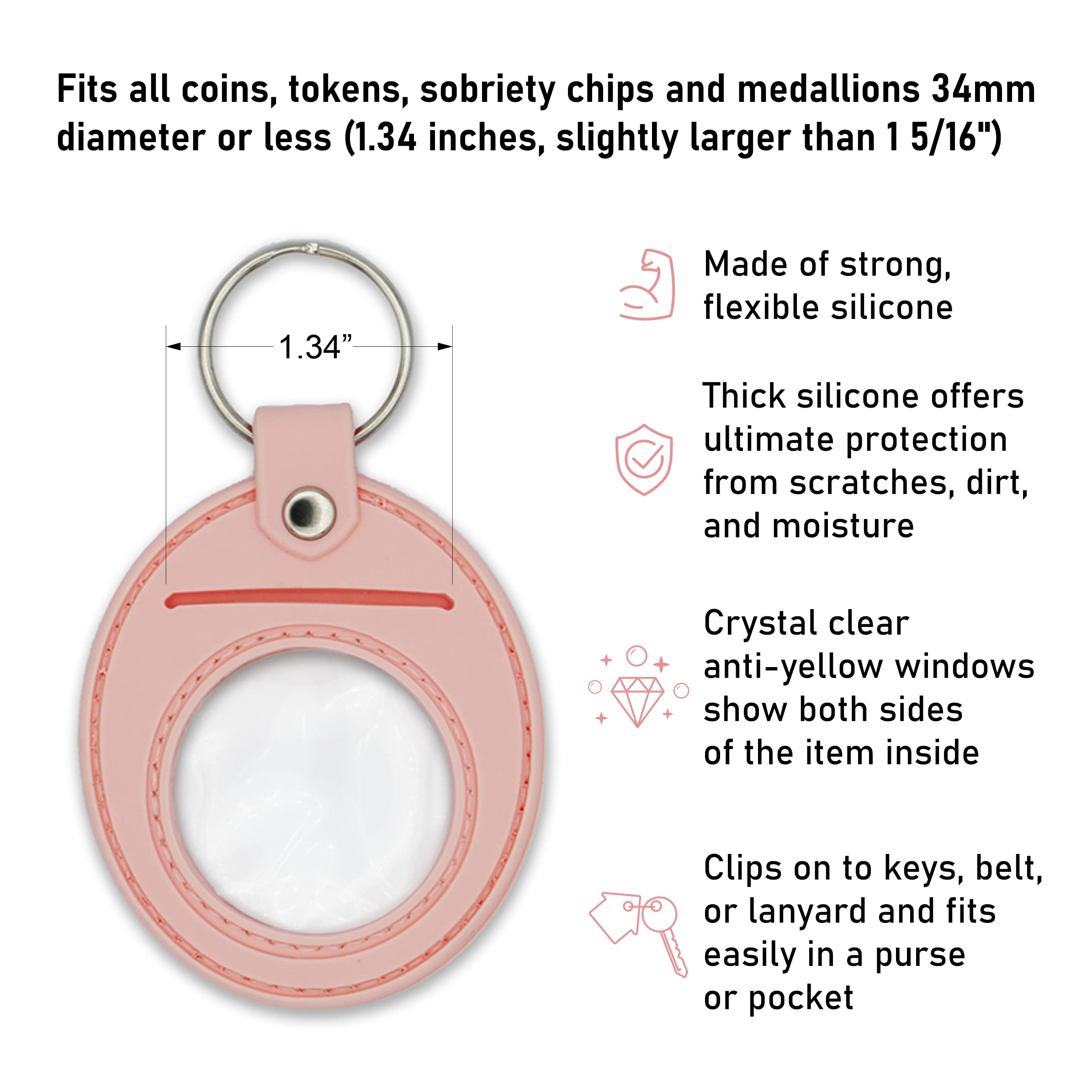 Sobriety Coin Holder Keychain - Displays Both Sides of AA Medallions, Recovery Tokens & Apple AirTag - Waterproof Scratchproof Soft Silicone Key Ring for 12 Step Programs - Perfect for AA Meetings, NA Recovery & Personal Motivation (Pink)