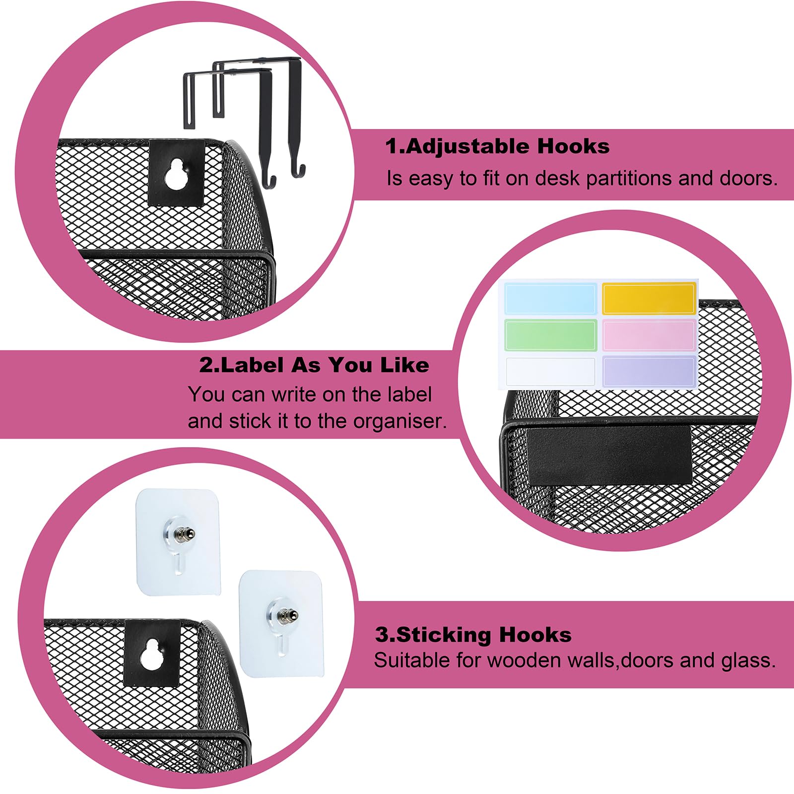 1 Pocket Mesh Wall File Holder Organizer - Hanging File Folder & Magazine Rack with Nametag Label Hooks - Black - Perfect for Office, Home, or Classroom Organization