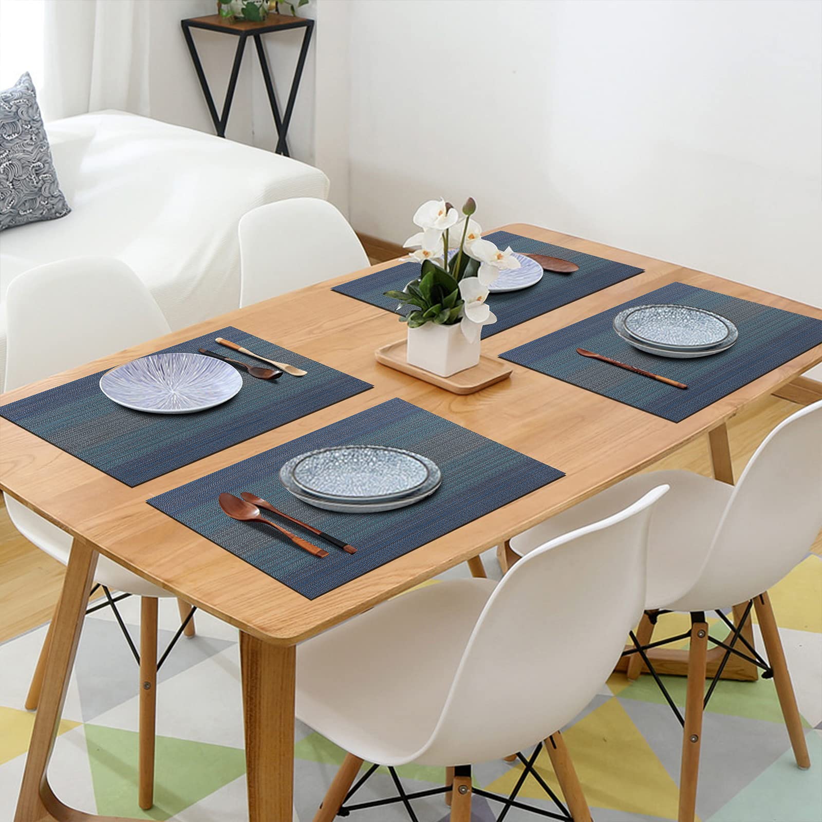 Premium Woven Vinyl Placemats Set of 6 - Heat Resistant & Washable Table Mats for Indoor/Outdoor Dining - Dark Blue - Perfect for Family Meals, Kids' Use, and Outdoor Entertaining
