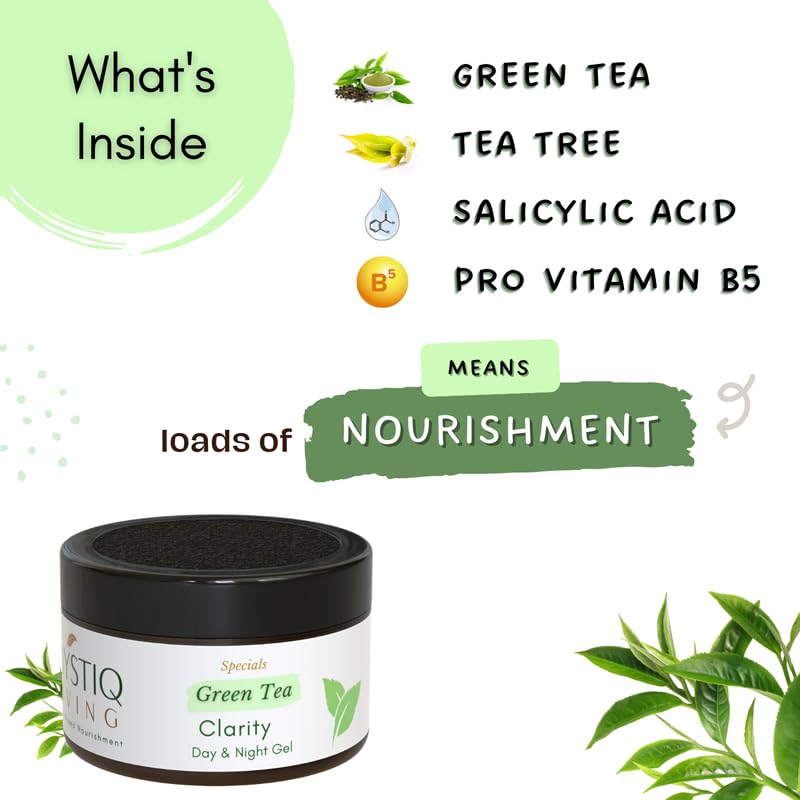 Mystiq Living Green Tea Clarity Gel Cream with 2% Salicylic Acid for Acne Treatment, Pimple & Scar Removal - 50g | Oil-Free Moisturizer for Oily & Acne-Prone Skin | Day & Night Clarifying Gel | Perfect for Daily Skincare Routine & Post-Breakout Recovery