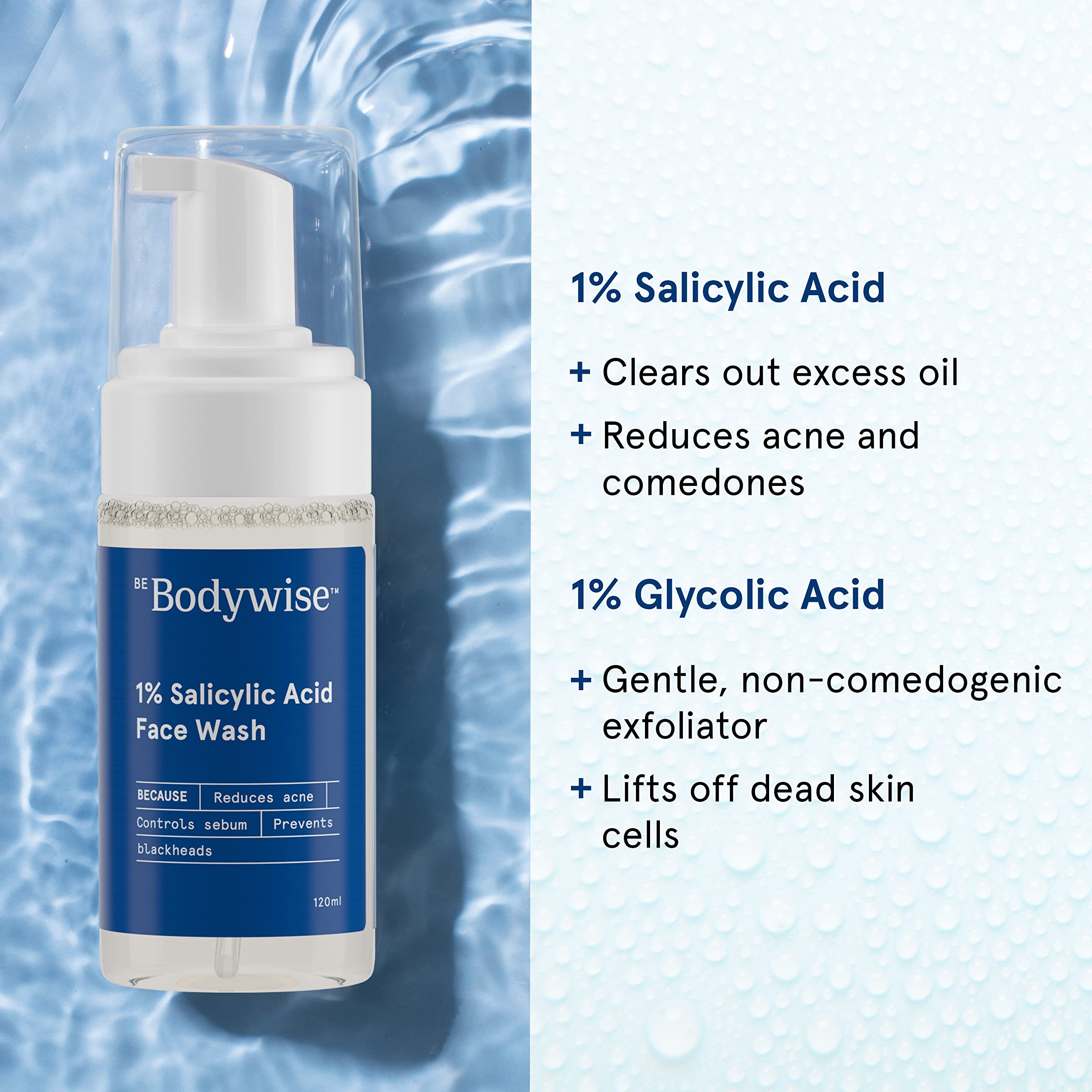 Be Bodywise 1% Salicylic Acid Oil Control Face Wash for Acne & Pimples - Reduces Excess Oil, Exfoliates Skin - Paraben & Soap Free (120ml) - Perfect for Oily & Acne-Prone Skin Care Routine