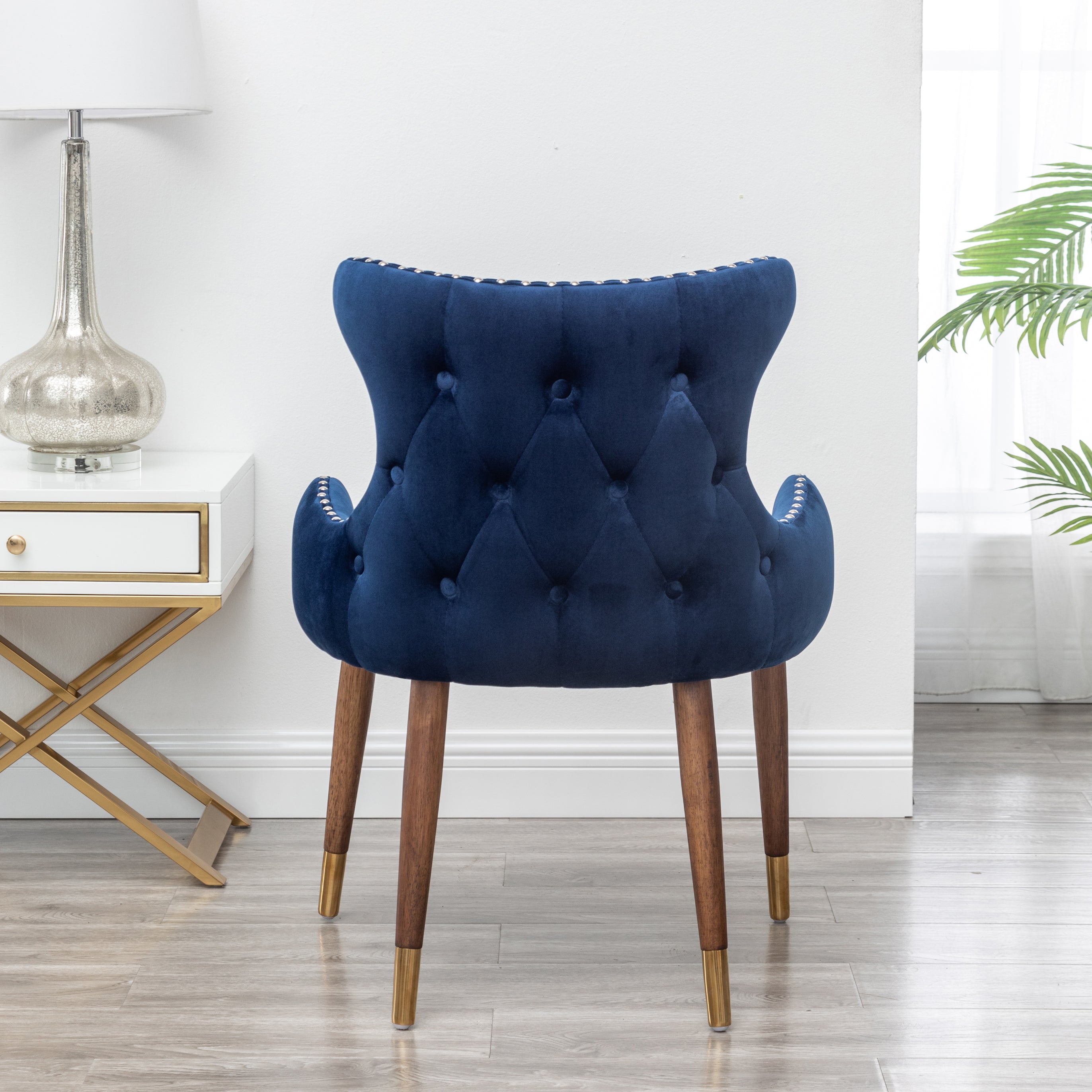 Roundhill Furniture Lindale Contemporary Velvet Upholstered Accent Chair with Nailhead Trim - Navy Blue Velvet Living Room Chair for Bedroom, Office & Lounge Decor