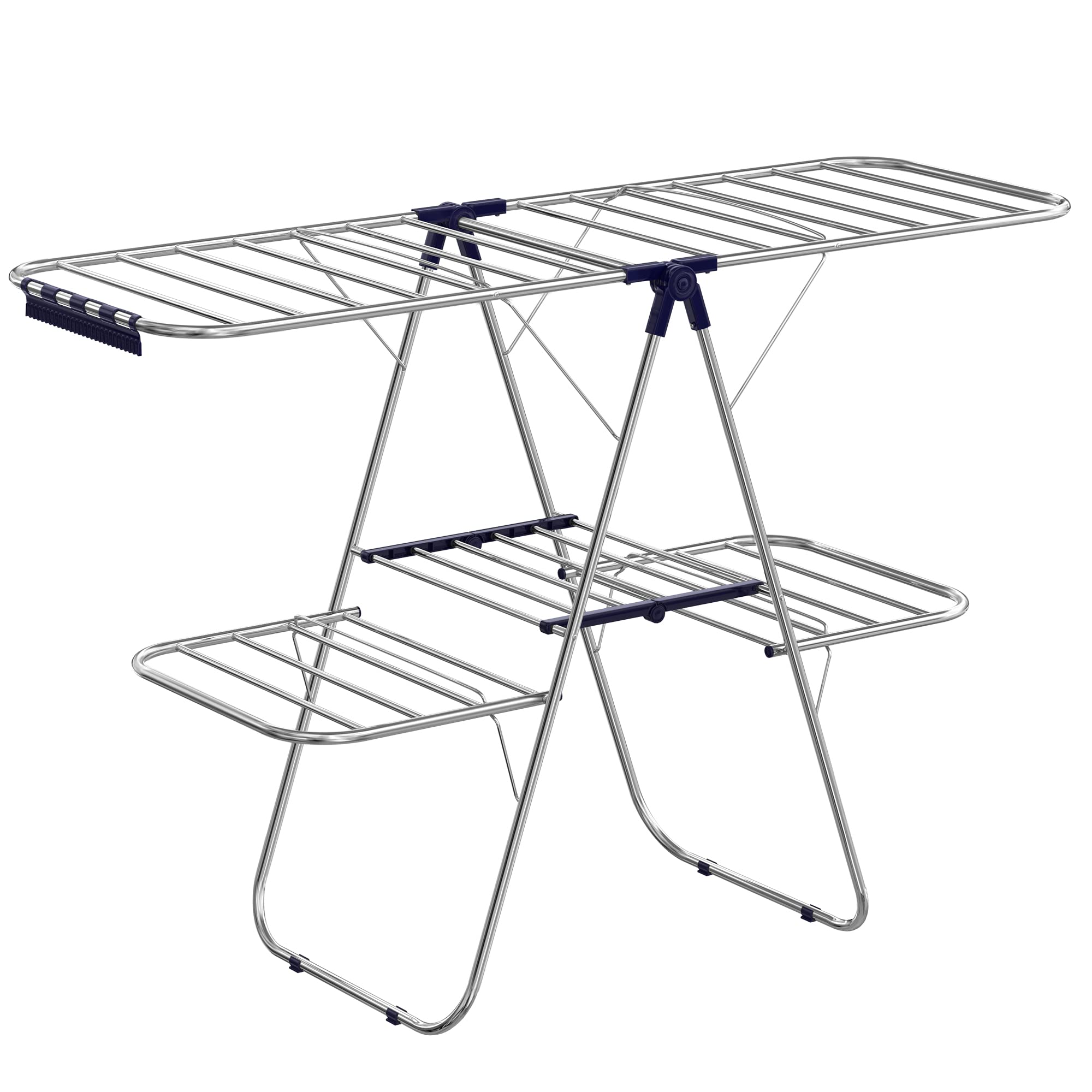 SONGMICS Foldable 2-Tier Clothes Drying Rack - Free Standing Large Laundry Rack with 33 Drying Rails, Adjustable Height & Sock Clips - Space Saving for Small Apartments, Balcony & Indoor Drying (Silver & Blue, ULLR53BU)