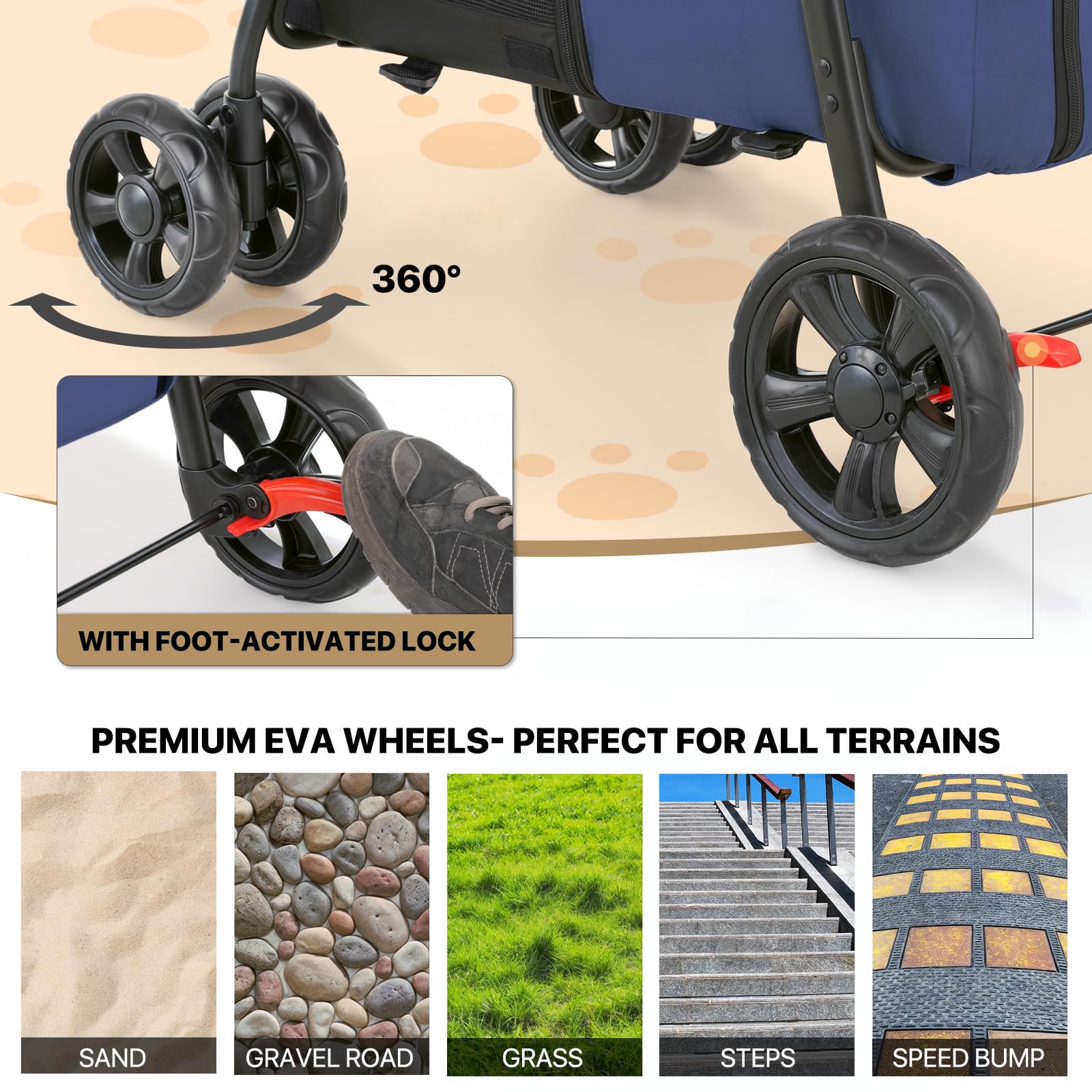 MoNiBloom Double Dog Stroller with Detachable Carrier Bags - Large 4-Wheel Foldable Pet Jogger for Small & Medium Dogs & Cats (Navy Blue/Gray) - Perfect for Outdoor Walks, Park Visits & Vet Appointments