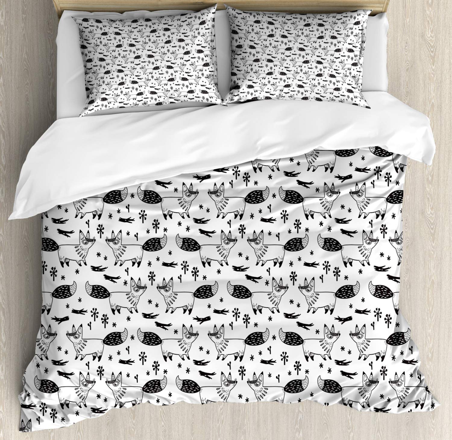 Ambesonne Fox Duvet Cover Set - Wild Animal Print with Branches & Flowers, 3-Piece Queen Size Bedding Set (Duvet Cover + 2 Pillow Shams) in White & Dark Grey - Perfect for Kids' Rooms, Nursery Decor or Wildlife Themed Bedrooms