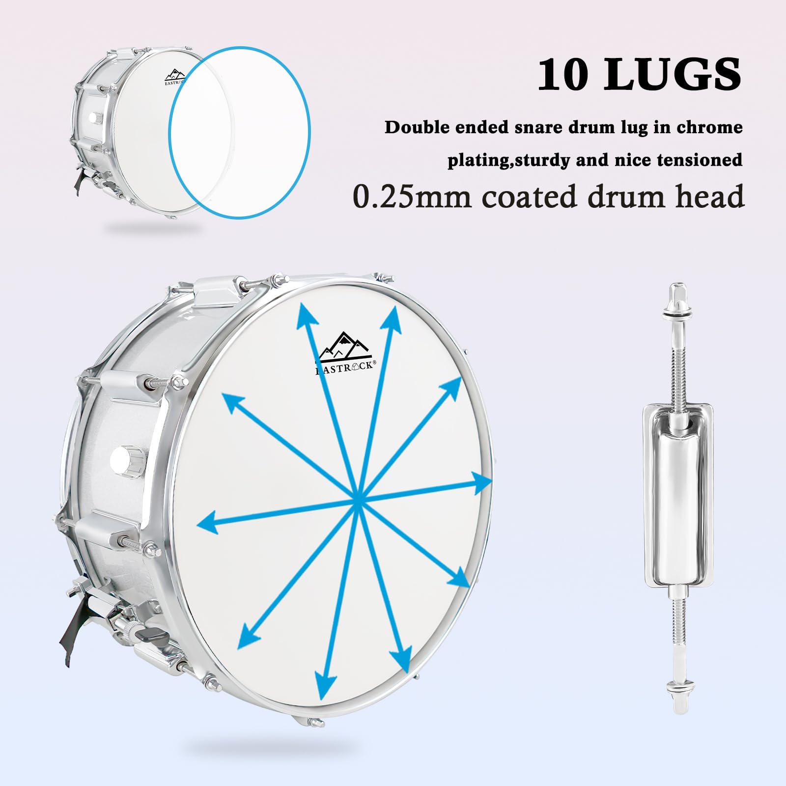 EASTROCK 14x5.5 Inch Snare Drum Set for Beginners - Includes Gig Bag, Drumsticks, Stand & Keys - Coated White Drum Head - Perfect for School Band, Practice & Live Performances