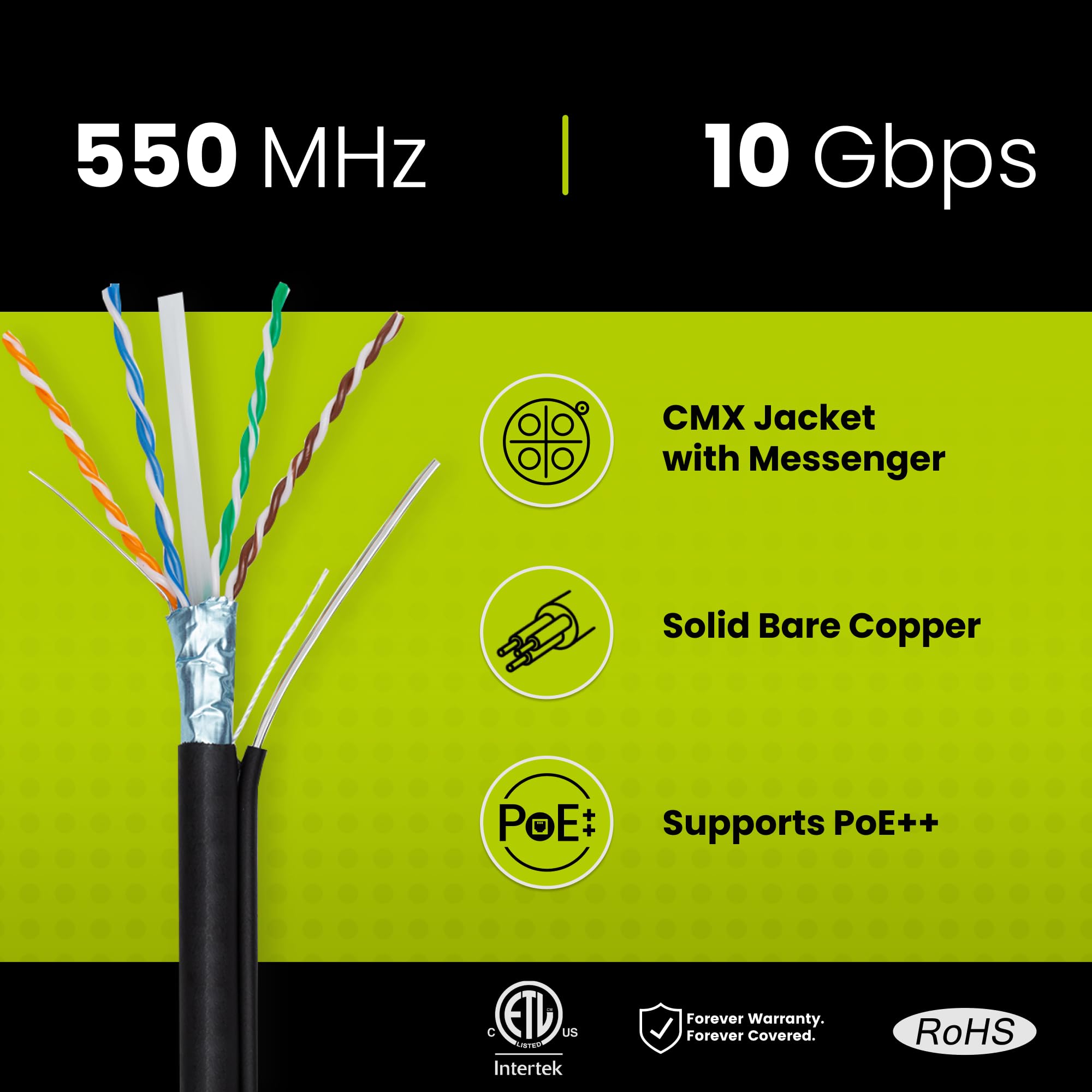 trueCABLE Cat6 Outdoor Shielded Ethernet Cable 1000ft - UV Resistant, Aerial, CMX Rated, 23AWG Solid Bare Copper, 550MHz, PoE++ (4PPoE) - Perfect for Outdoor Networking, Security Cameras & High-Speed Internet Installations