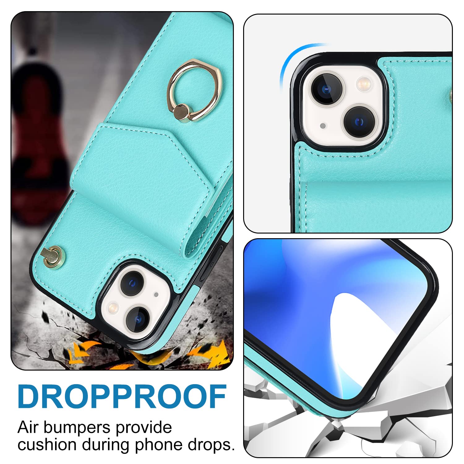 Slim Wallet Case for iPhone 14 (6.1 inch) with Ring Kickstand & Shoulder Strap | Shockproof Protective Cover | Blue | Perfect for Everyday Use, Travel, and Hands-Free Convenience