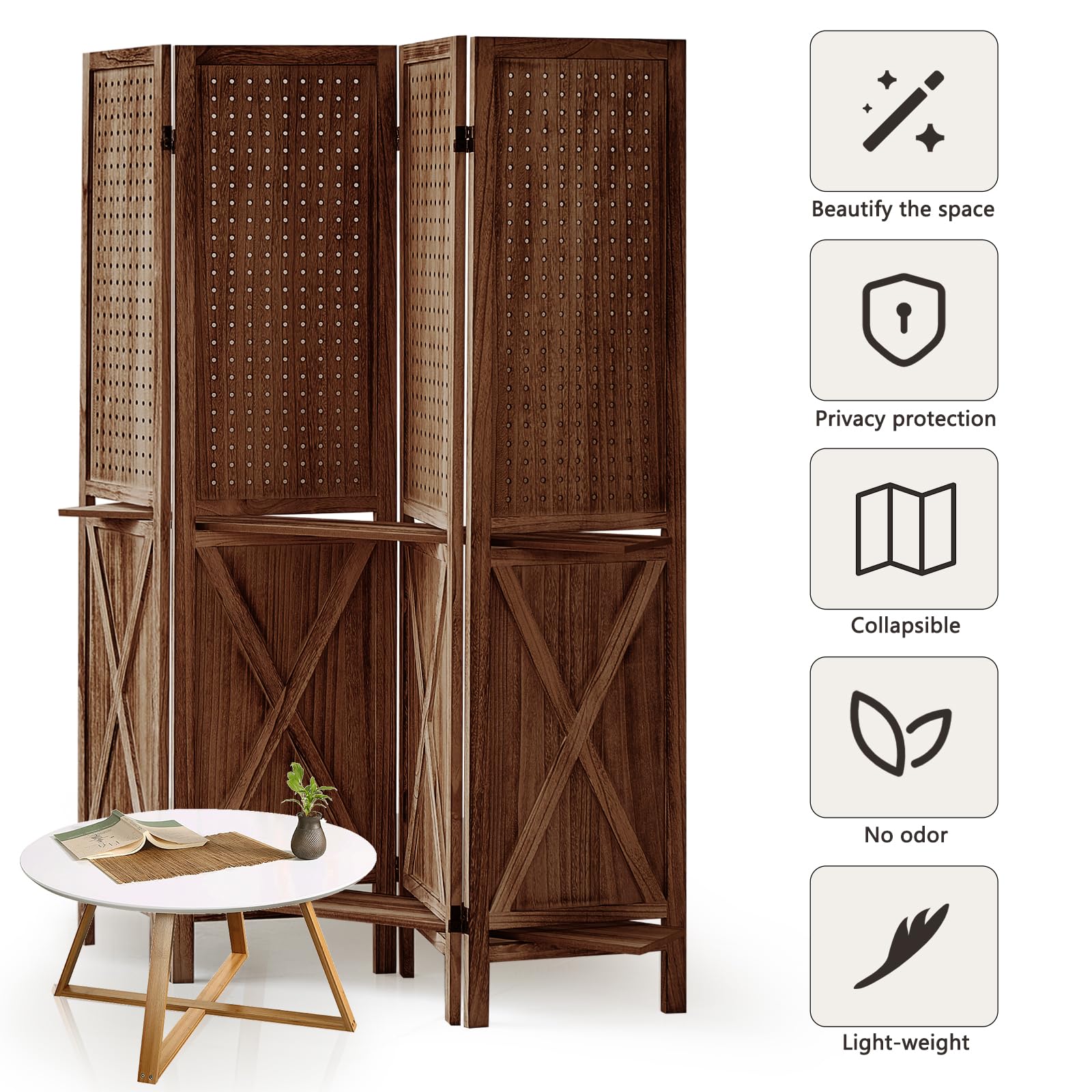 4 Panel Wood Room Divider with Shelves - Folding Privacy Screen & Pegboard Display - Easy to Move for Home & Store Use - Brown (Perfect for Studio Apartments, Office Spaces & Retail Displays)