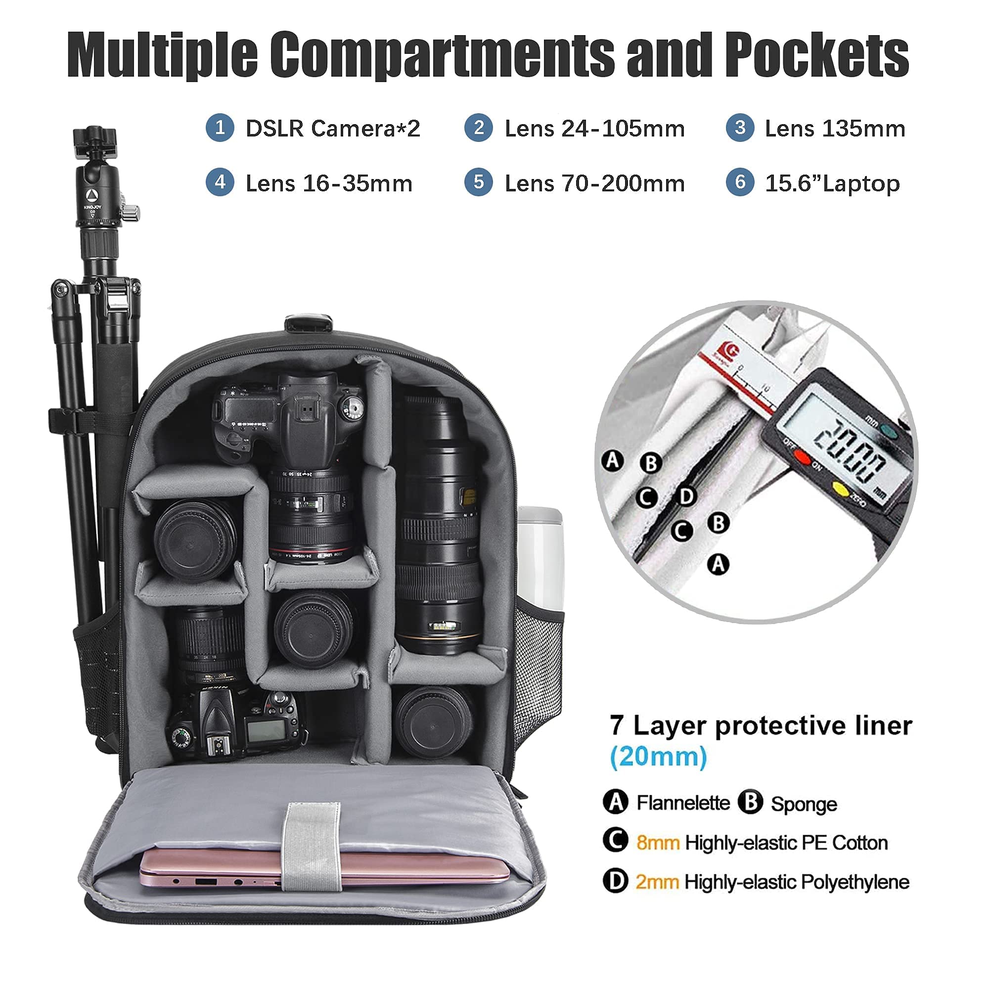 Cwatcun Anti-Theft Waterproof Camera Backpack with Tripod Holder & Laptop Compartment - Fits 15.6