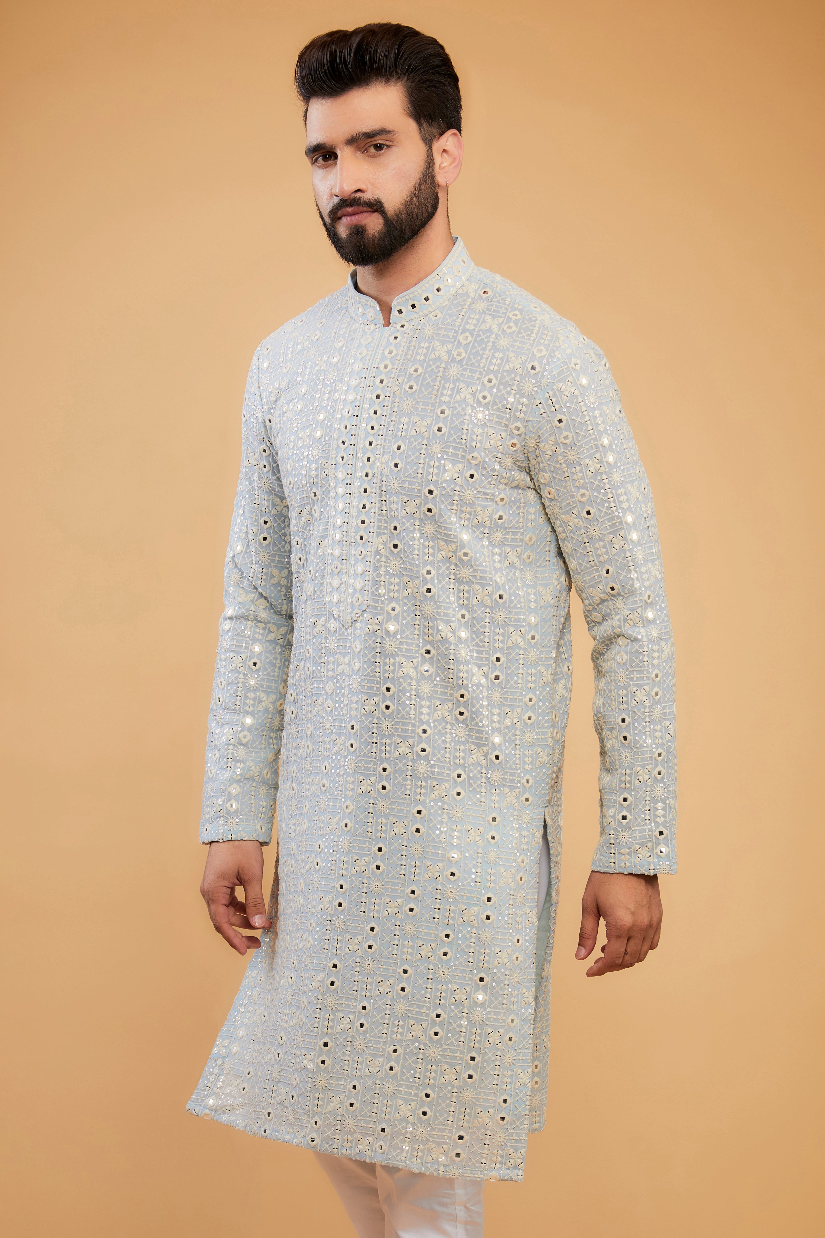 Elegant Powder Blue Mirror Work Kurta with Intricate Neckline – Perfect for Festivals, Weddings, and Ethnic Occasions