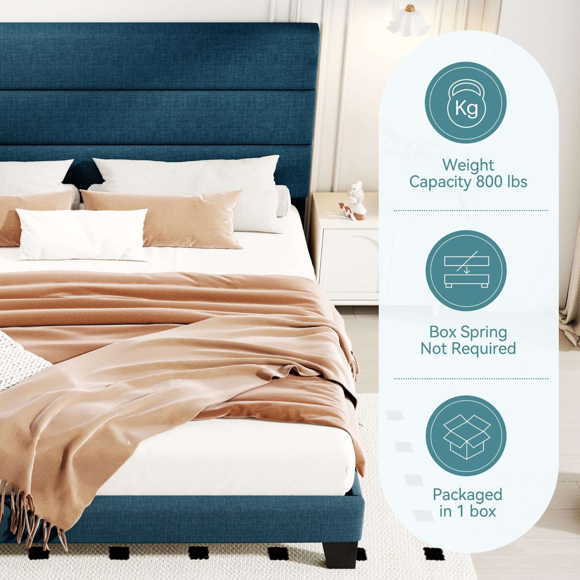 HOOMIC Queen Size Bed Frame with Upholstered Headboard & Wood Slat Support - No Box Spring Needed, Navy Blue Fabric Platform Bed - Perfect for Master Bedroom, Guest Room & Small Spaces