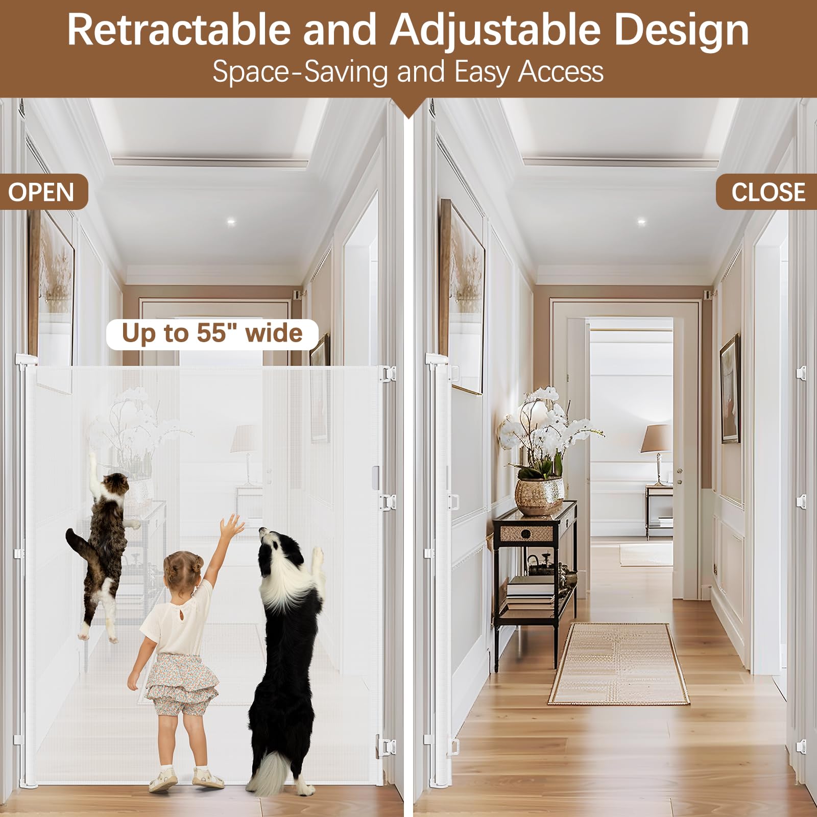 60 Inch Extra Tall Retractable Pet Gate - No Jumping Over, Extends to 55