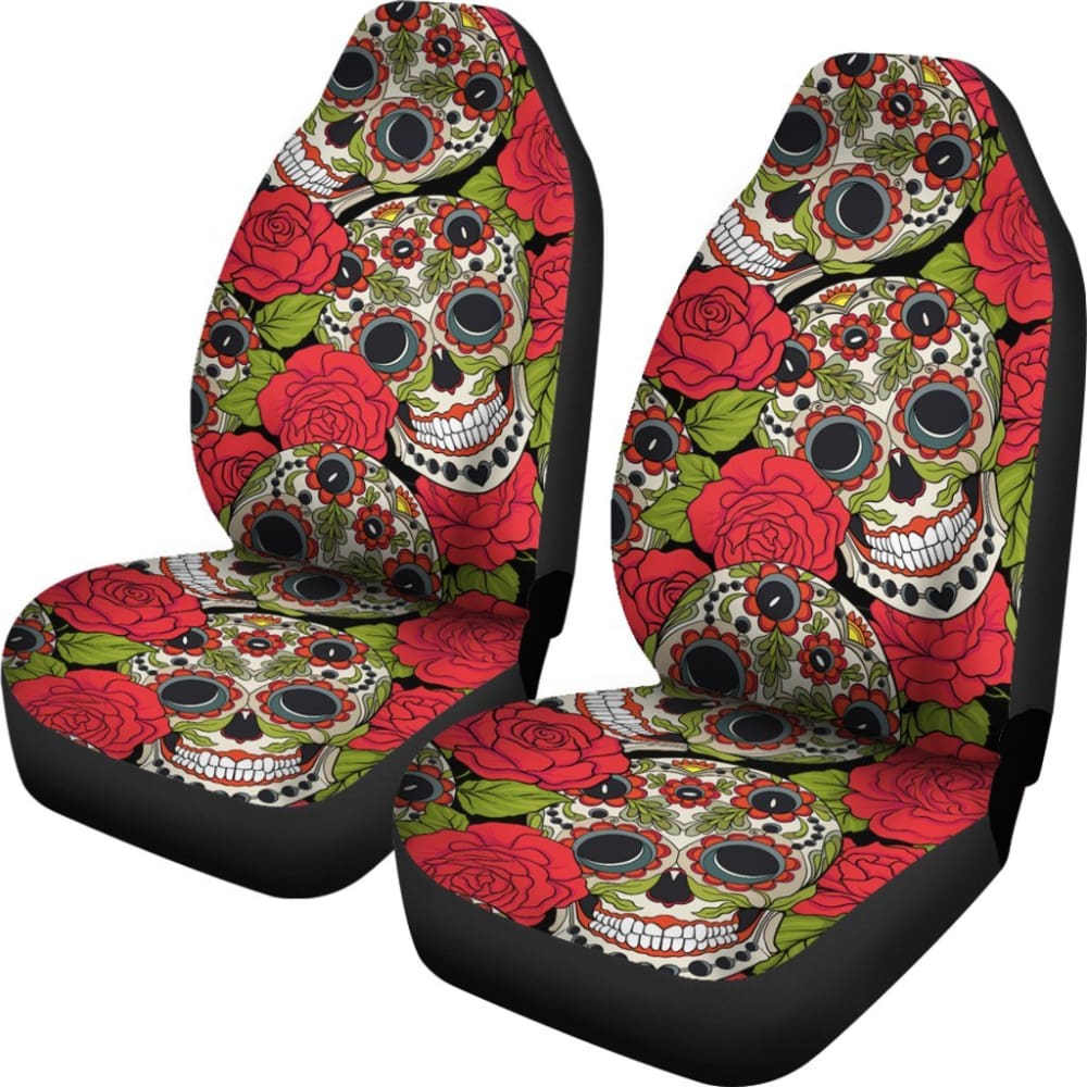 2 Pcs Rose Floral Sugar Skull Car Seat Covers - Soft & Stylish Protection for Front Seats - Perfect for Halloween, Dia de Los Muertos, and Gothic Car Decor
