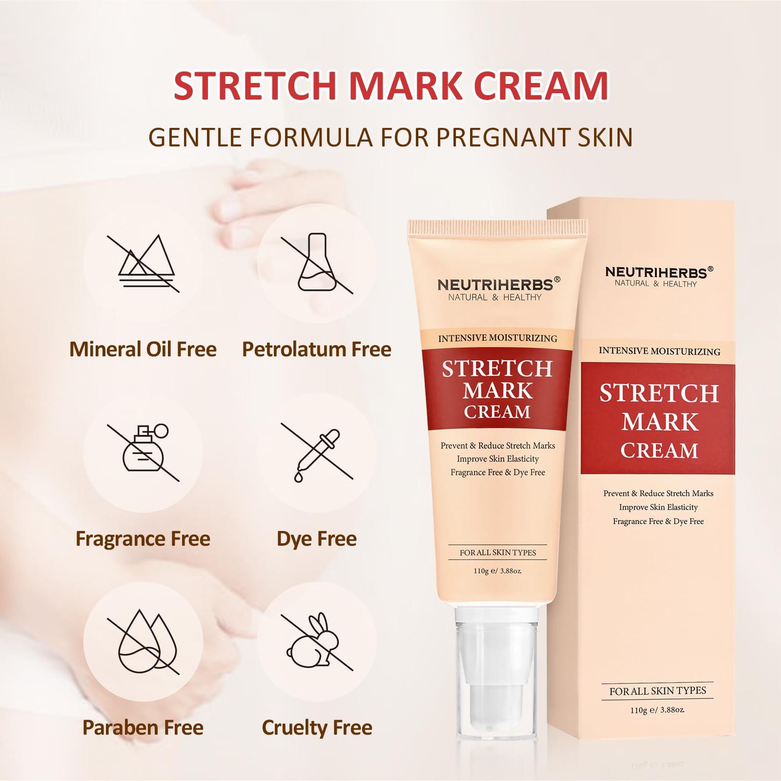 Neutriherbs Stretch Mark Cream for Pregnancy & Weight Loss - Shea Butter & Coconut Oil Belly Cream (3.88 Oz) - Moisturizing Skin Care for Moms & Postpartum Recovery