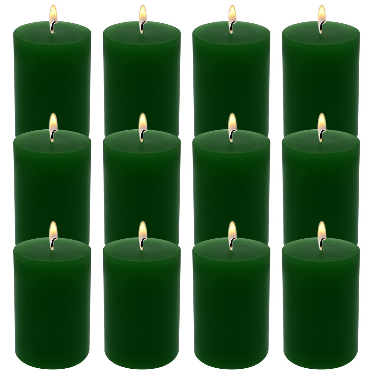 Unscented Green Pillar Candles - Dripless Smokeless Wax Candles for Home Decor, Wedding & Dinner (Pack of 12)