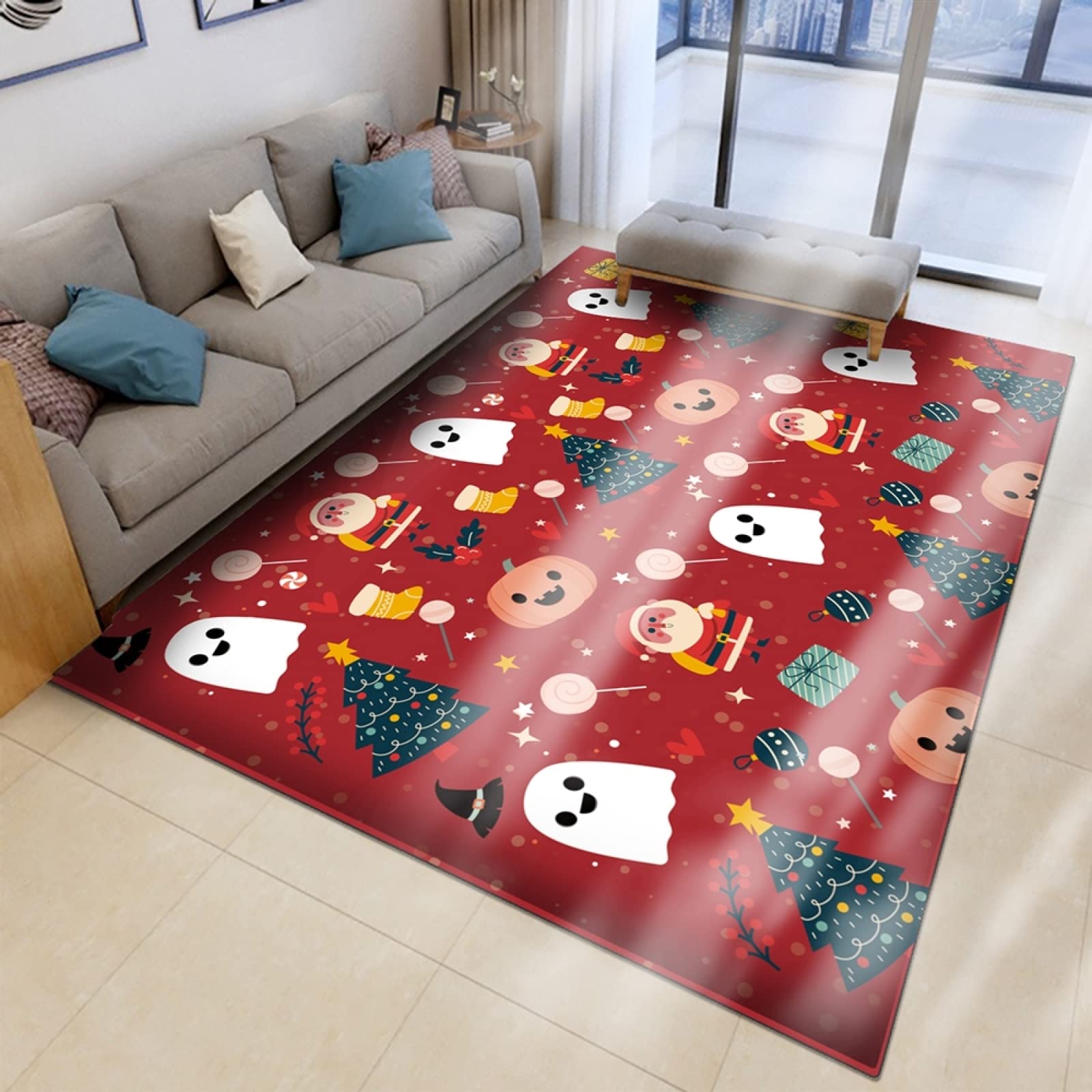 Santa Claus Christmas Tree & Jack-o-Lantern Halloween Non-Slip Area Rug - 3x5ft Foldable Floor Mat for Living Room, Bedroom, Dining Room - Holiday Decor & Home Gift Idea for Family Gatherings & Party Decorations