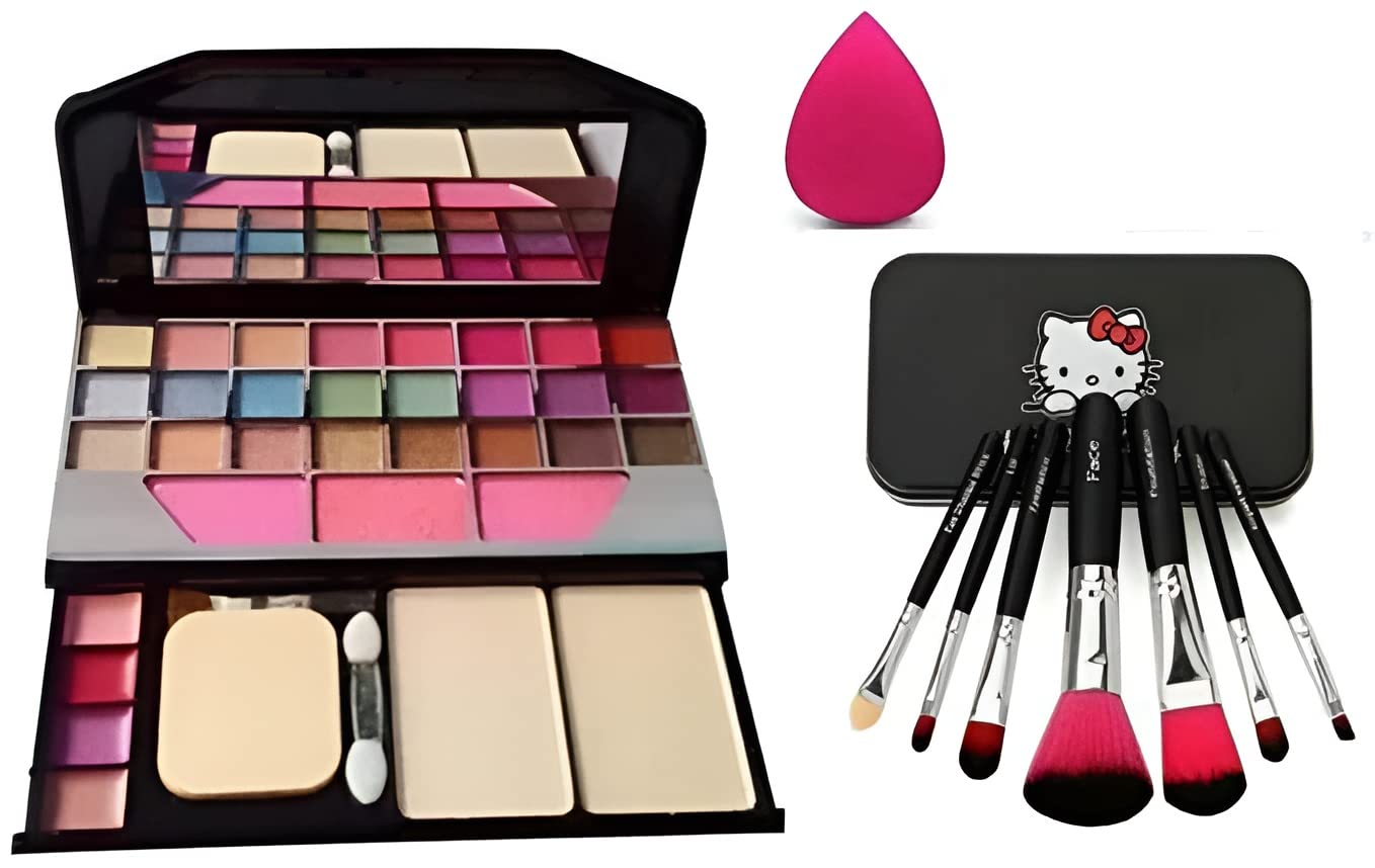 RJGUDDU TYA Fashion 6155 Professional 7-Piece Makeup Brush Set with Pink Beauty Blender & Multicolor Makeup Kit - Perfect for Travel, Bridal, and Everyday Makeup (9-Piece Set)