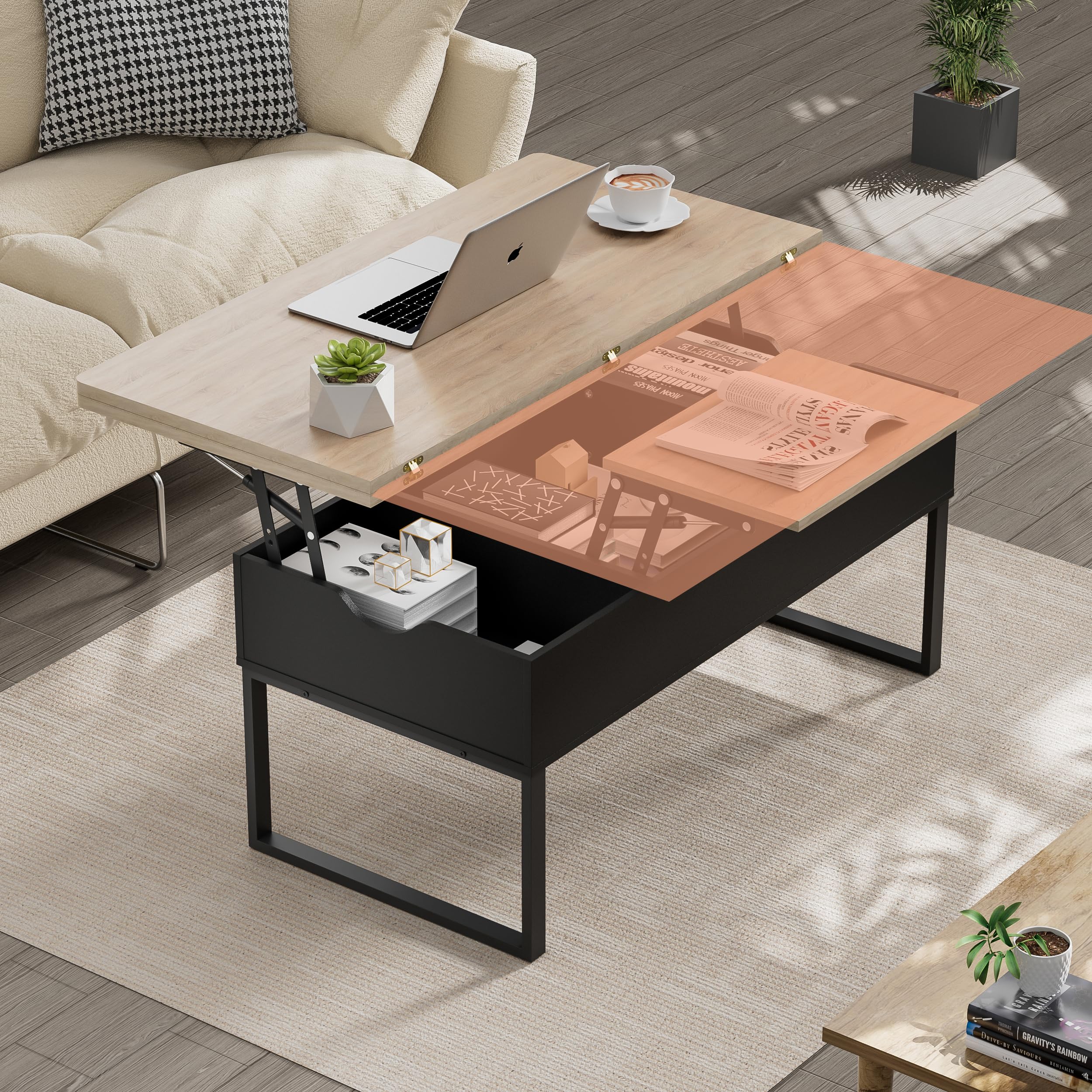 JoliJour Modern Lift-Top Coffee Table with Hidden Storage Compartment - Industrial Brown Living Room & Bedroom Side Table | Perfect for Small Spaces, Entertaining Guests, and Storing Remote Controls