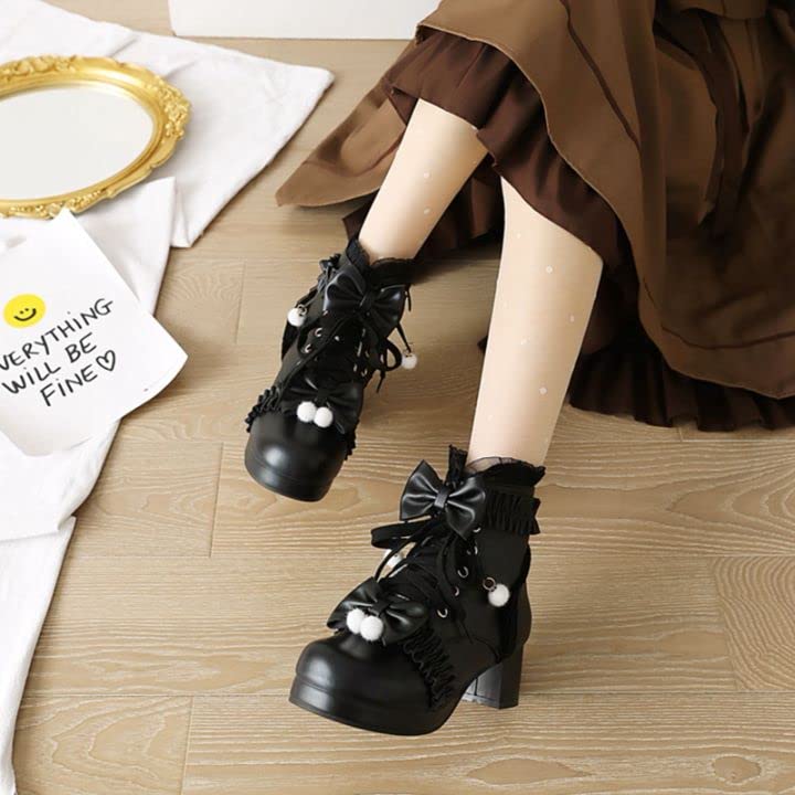 MEOTINA Women's Chunky Mid Heel Platform Ankle Boots with Lace & Zipper - Kawaii Bow Winter Shoes for Women | Fashion Casual & Office Wear | Perfect for Winter Outfits, Date Nights & Holiday Parties