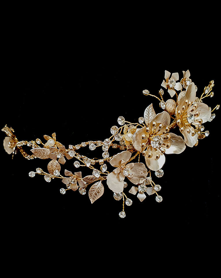 Haley Johnny B Bridal Headpiece - Blush Gold Flower Hairband with Diamonte Detail for Weddings & Special Occasions | Kezani