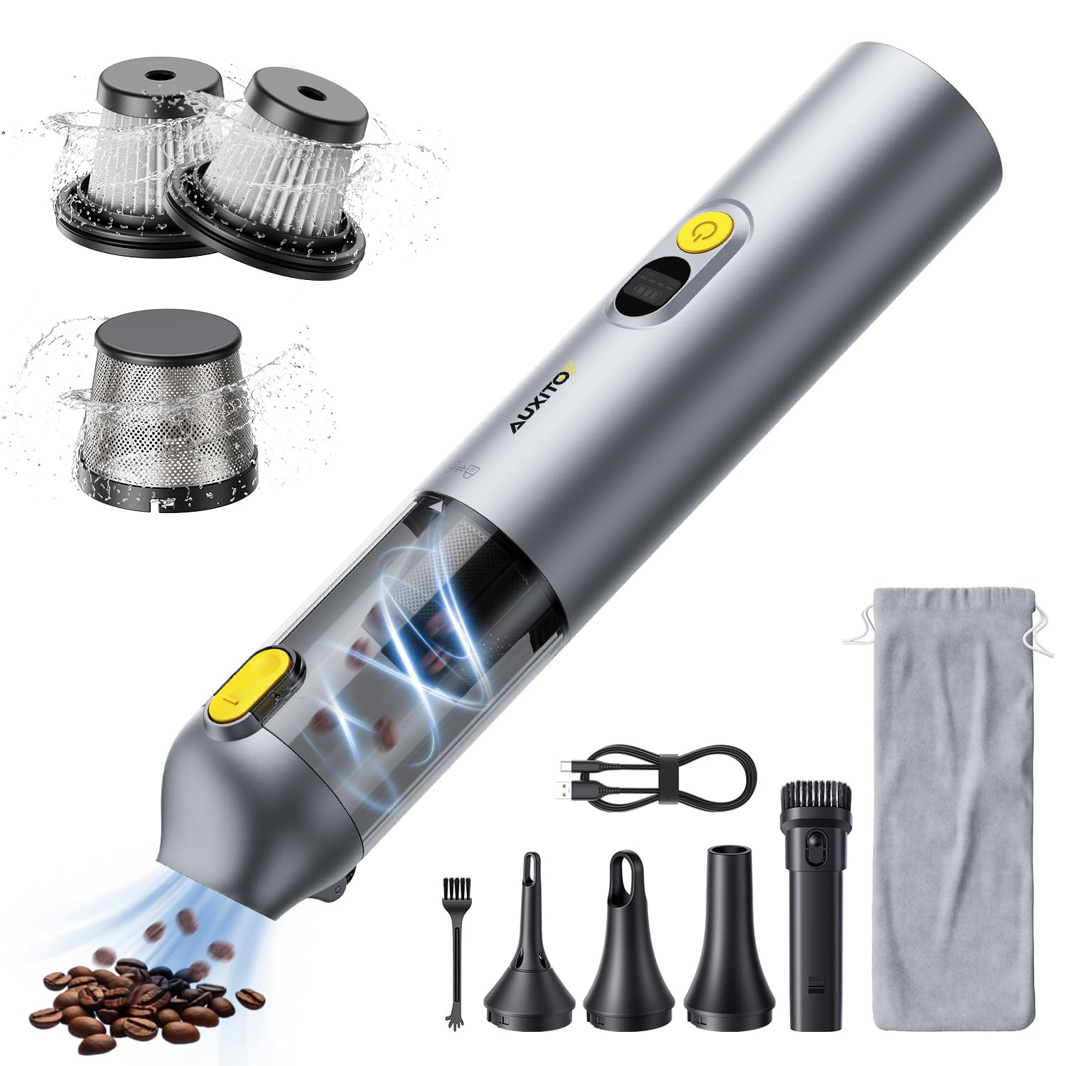 AUXITO 14000Pa Powerful Handheld Vacuum Cleaner for Car & Home - 2-in-1 Portable Mini Vacuum with Blow & Suction Function, Ideal for Pet Hair, Office Cleaning & Car Detailing (Silver)