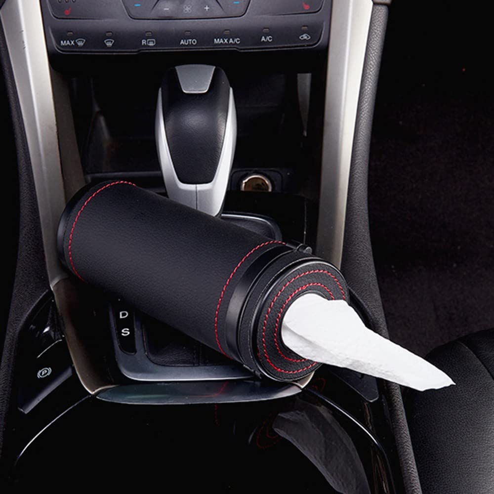 PU Leather Car Tissue Holder - 2.75'' Diameter Round Tissue Box for Car Cup Holder | Holds Up to 30 Tissues | Perfect for Road Trips, Commuting & Travel Accessories