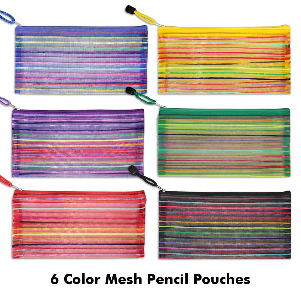 Selizo 6-Pack Mesh Zipper Pencil Cases - Durable Plastic Pencil Pouches for School, Office & Travel - Perfect for Organizing Pens, Cosmetics & Makeup Brushes (Ideal for Students, Professionals & Makeup Artists)