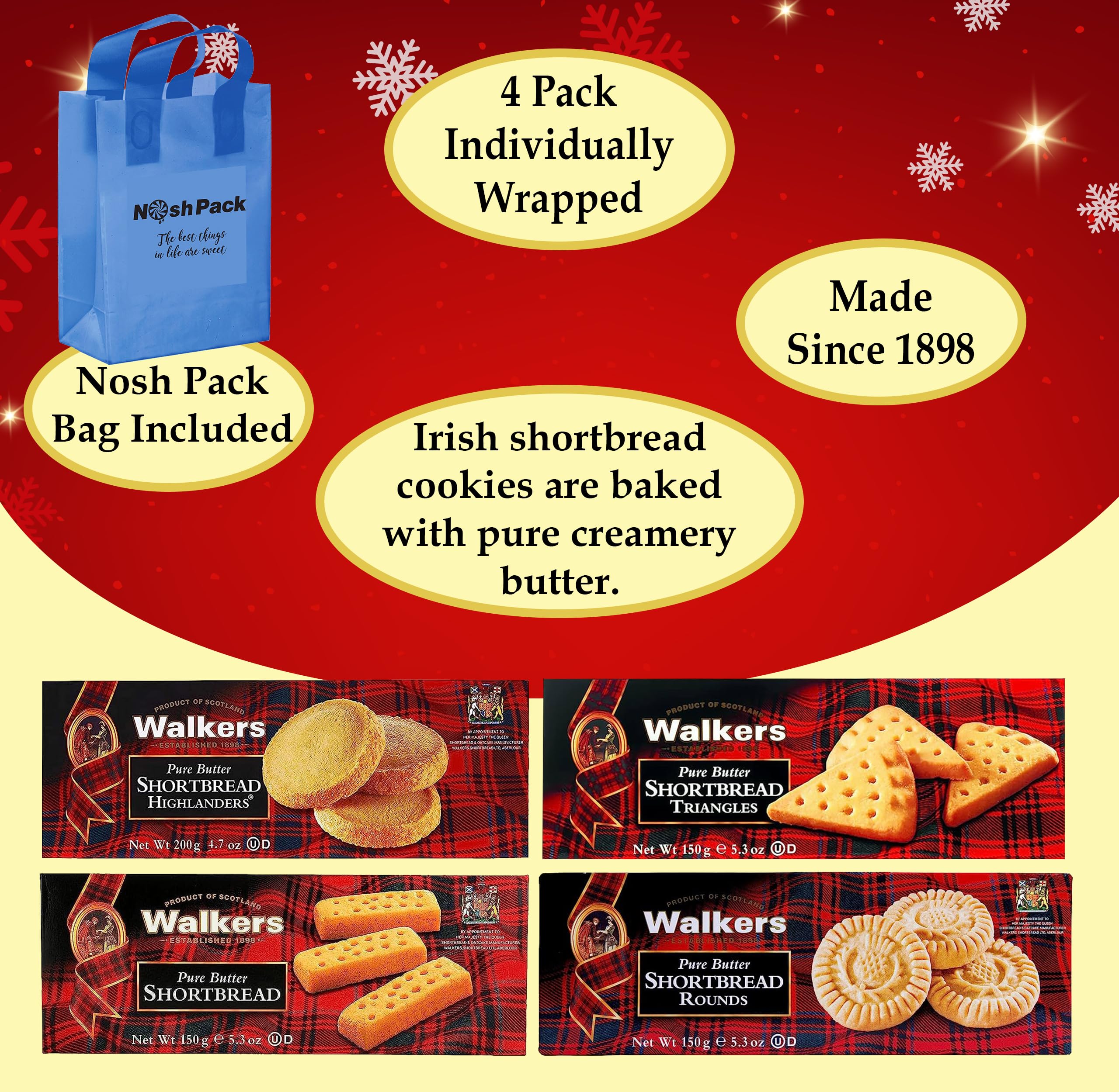 Premium Scottish Shortbread Cookies 4-Pack - Individually Wrapped Assortment (Triangle, Fingers, Highlanders & Rounds) with Gift Bag - Perfect for Tea Time, Gifts & Holiday Treats