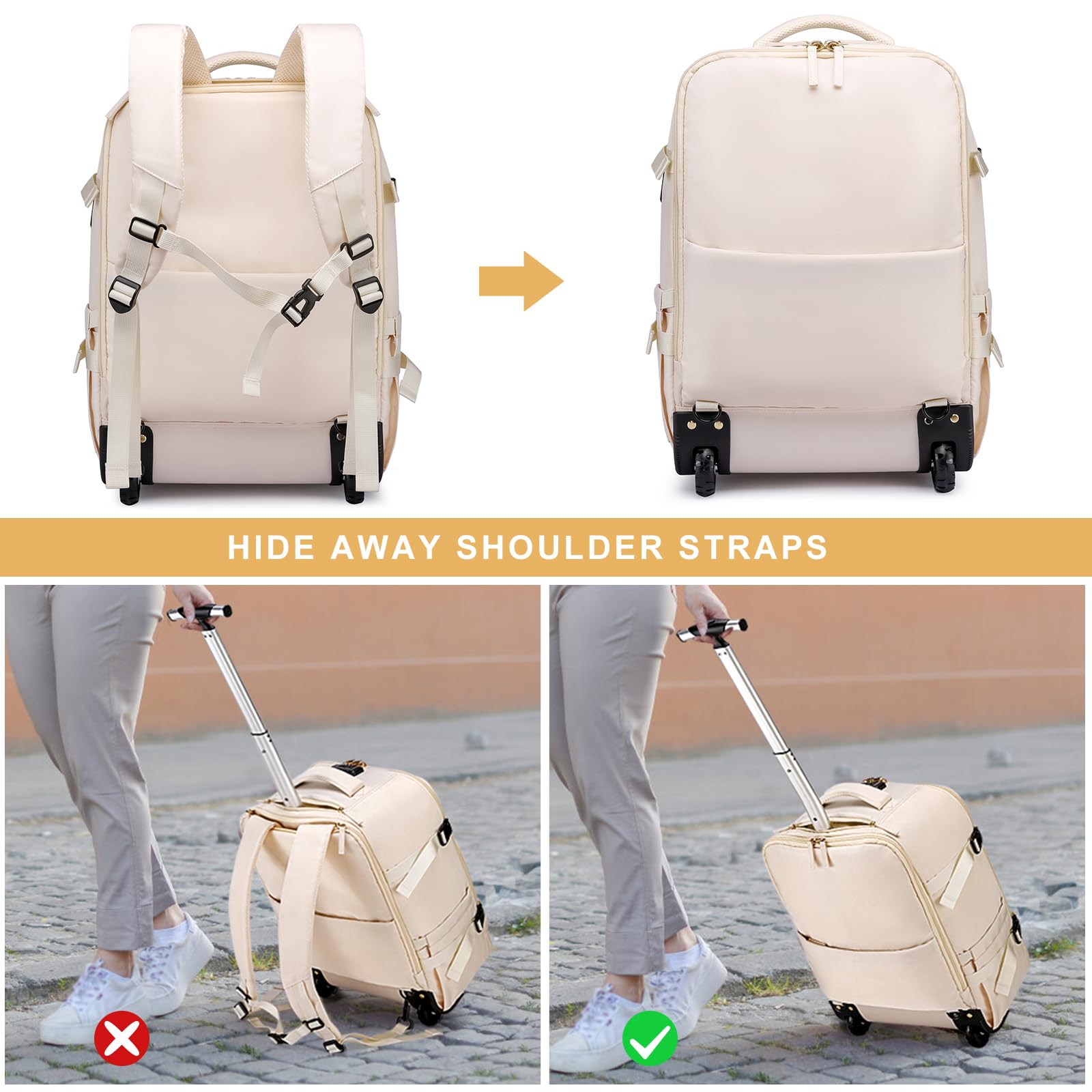 20 Inch Rolling Backpack for Women - Anti-Theft Wheeled Laptop Backpack with USB Charging Port & Lock - Waterproof Business Travel Backpack with 6 Compartments (Beige) - Perfect for Air Travel, Commuting & College Campus Use