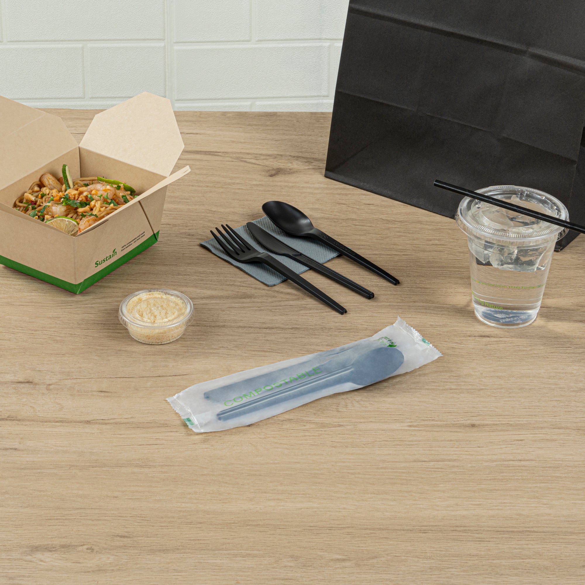 Eco-Friendly Black CPLA Plastic Cutlery Set - 100-Piece Compostable Cutlery with Heat-Resistant Wrapper (6.5