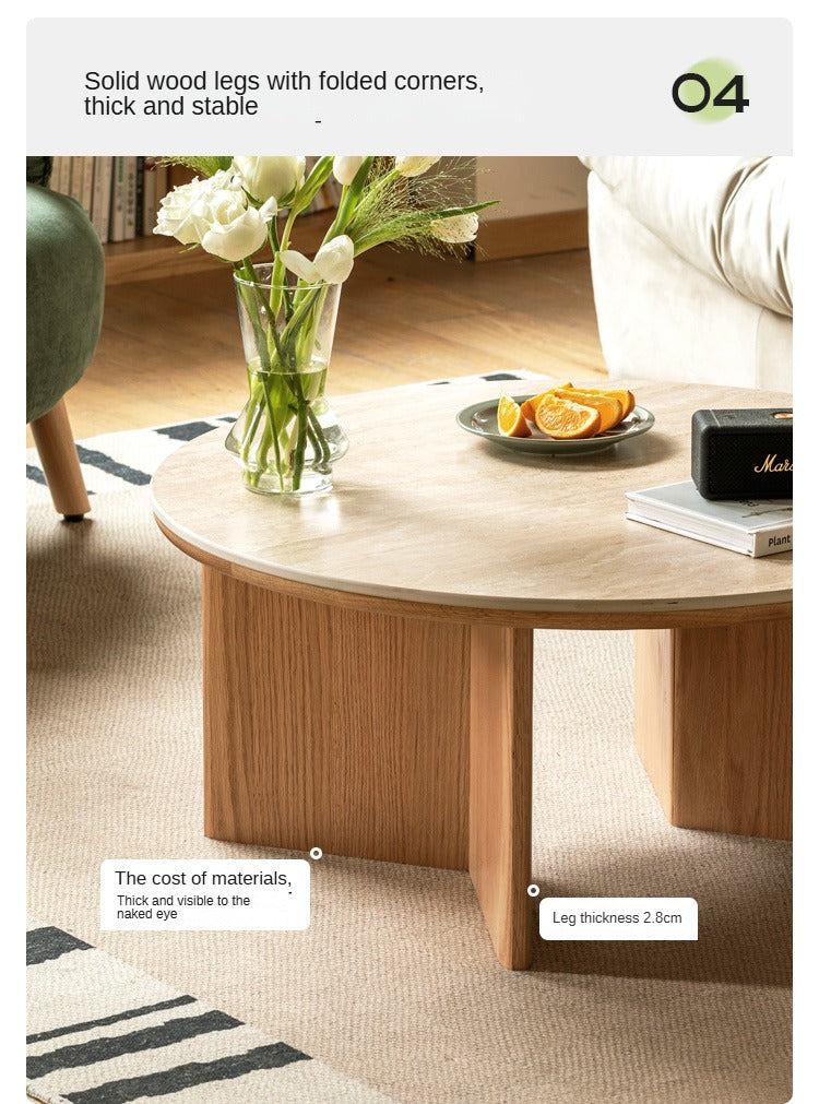 Solid Oak Wood Travertine Coffee Table - Rustic Modern Living Room Furniture for Home Decor & Lounge Use