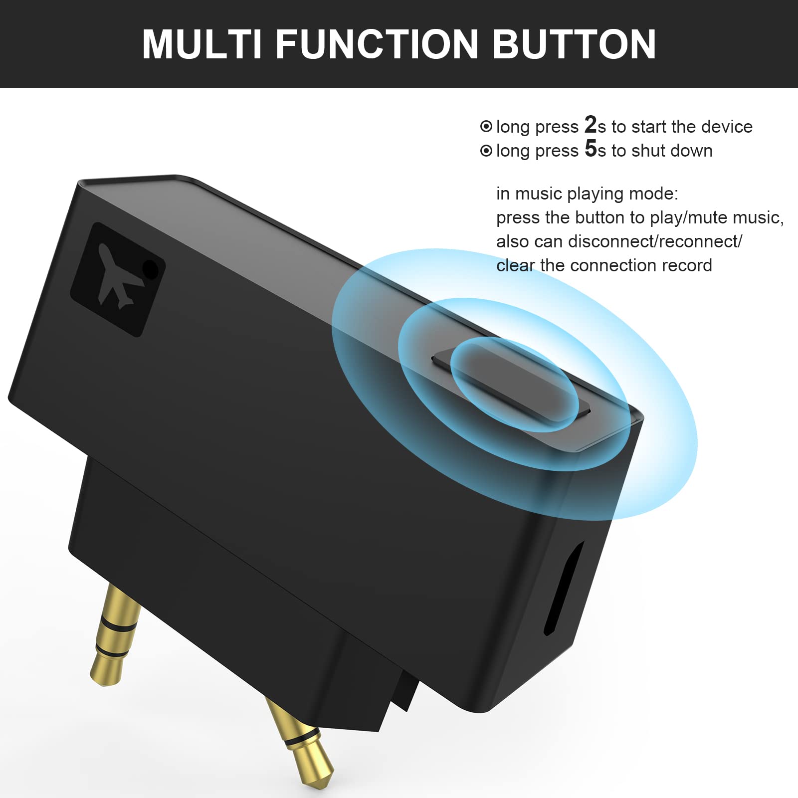 Bluetooth 5.0 Airplane Adapter for Wireless Headphones - 3.5mm Audio Jack Transmitter Compatible with Airline Seats, Cars, Boats & Gym Equipment - Foldable Single/Dual Plug Design for Travel, Workouts & Commuting