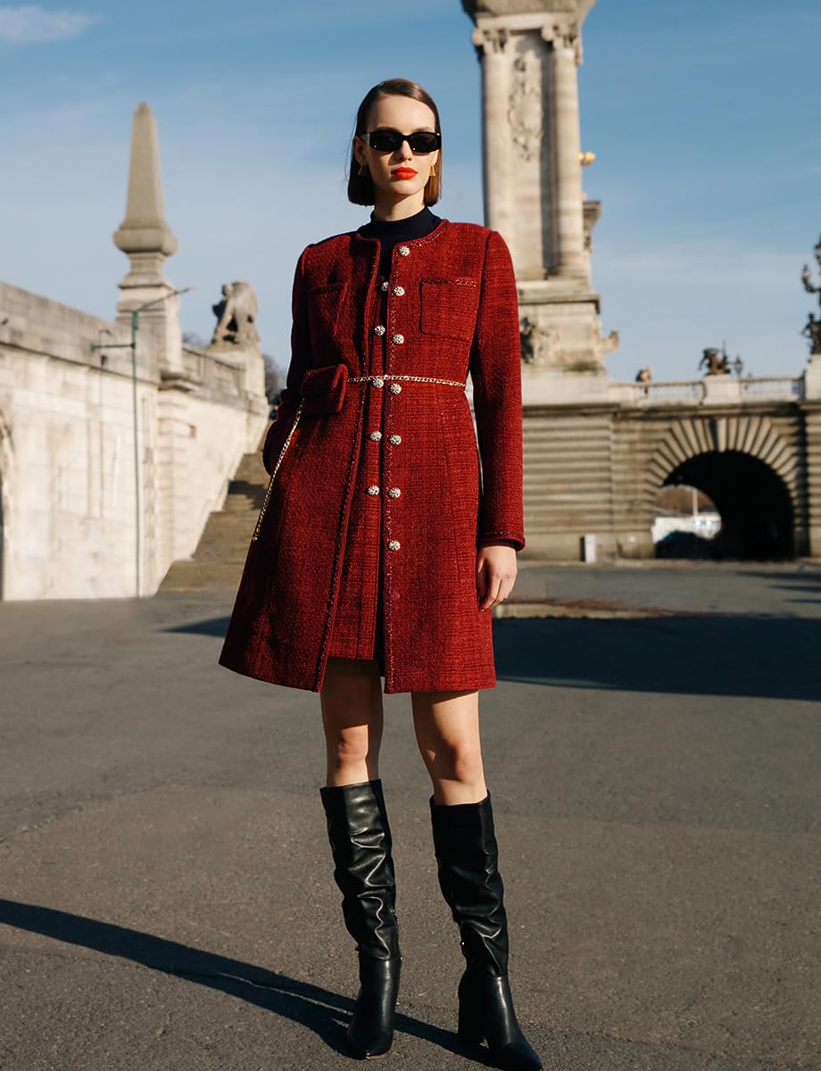 Elegant Women's Tweed Mini Dress with Long Sleeves & Metal Buttons | Formal Crewneck Button-Up Dress for Office, Cocktail Parties & Special Occasions