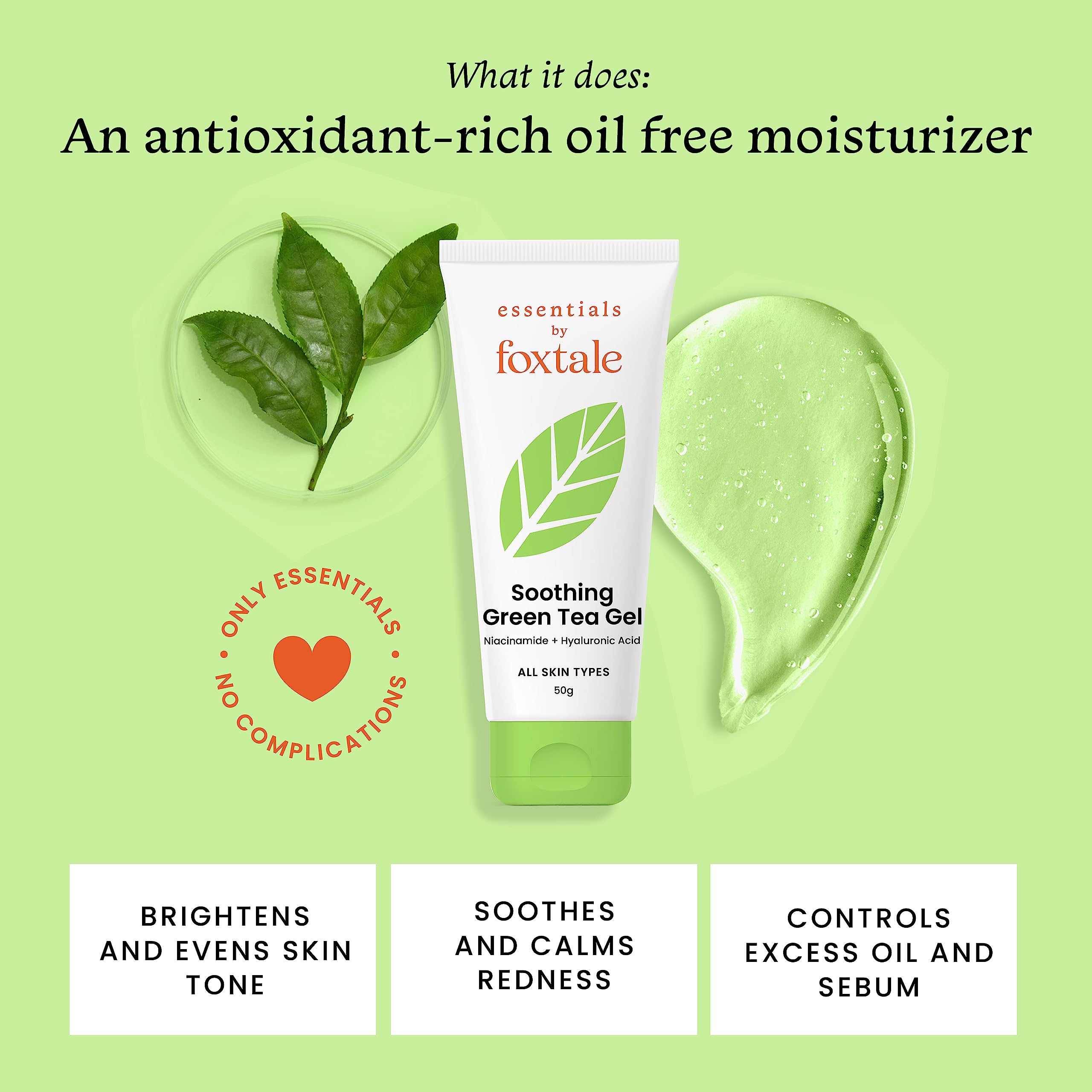 Foxtale Green Tea Oil-Free Gel Face Moisturizer with Hyaluronic Acid & Niacinamide | Hydrating, Brightening & Acne Prevention | Lightweight Formula for Oily & Acne-Prone Skin | Men & Women | 50g | Perfect for Daily Skincare Routine & Travel