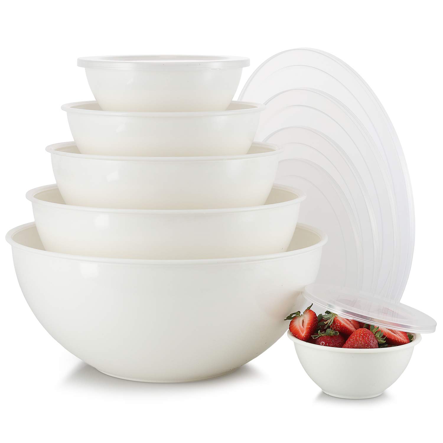 6-Piece Stackable Plastic Mixing Bowls Set with Lids - BPA Free, Microwave & Dishwasher Safe Kitchen Prep Bowls for Baking, Cooking, Meal Prep - Perfect for Mixing Ingredients, Storing Leftovers, and Organizing Pantry (Cream)