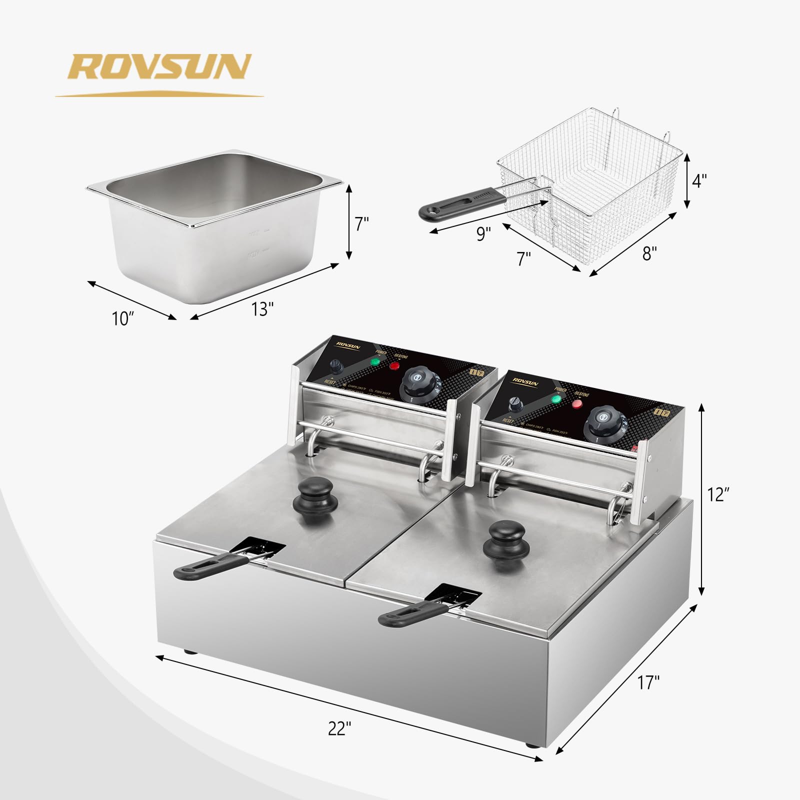 ROVSUN 22.8QT/21.6L Commercial Stainless Steel Electric Deep Fryer - Dual Tank Countertop Fryer with Baskets & Lids - Adjustable Temperature 3400W - Perfect for French Fries, Donuts, Chicken Wings & More - Ideal for Restaurants, Food Trucks & Home Kitchens
