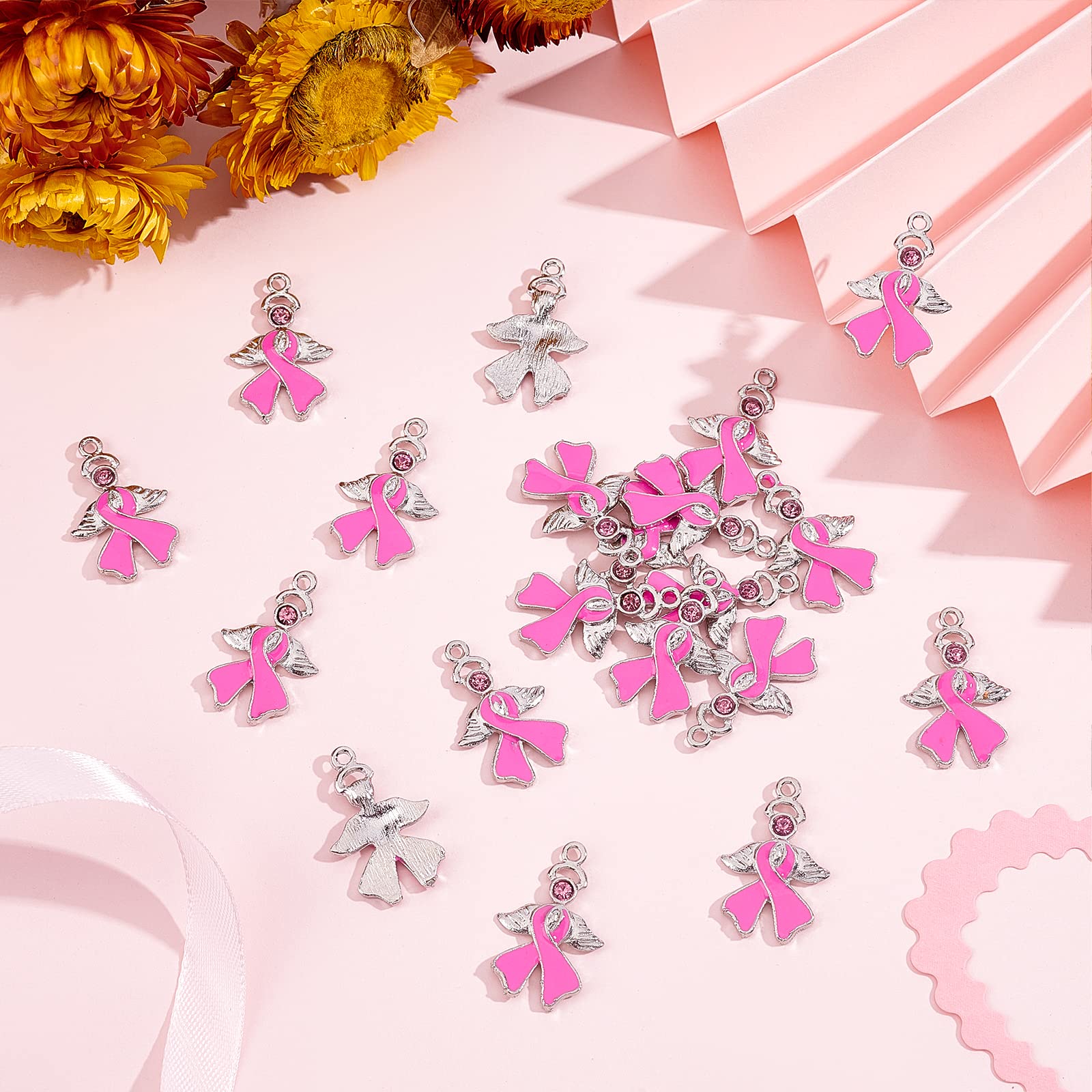 20PCS Pink Ribbon Charms with Angel Wings - Breast Cancer Awareness Jewelry Supplies for Necklace, Bracelet, Lapel Pin Making - Perfect for Fundraising Events, Support Gifts & Craft Projects