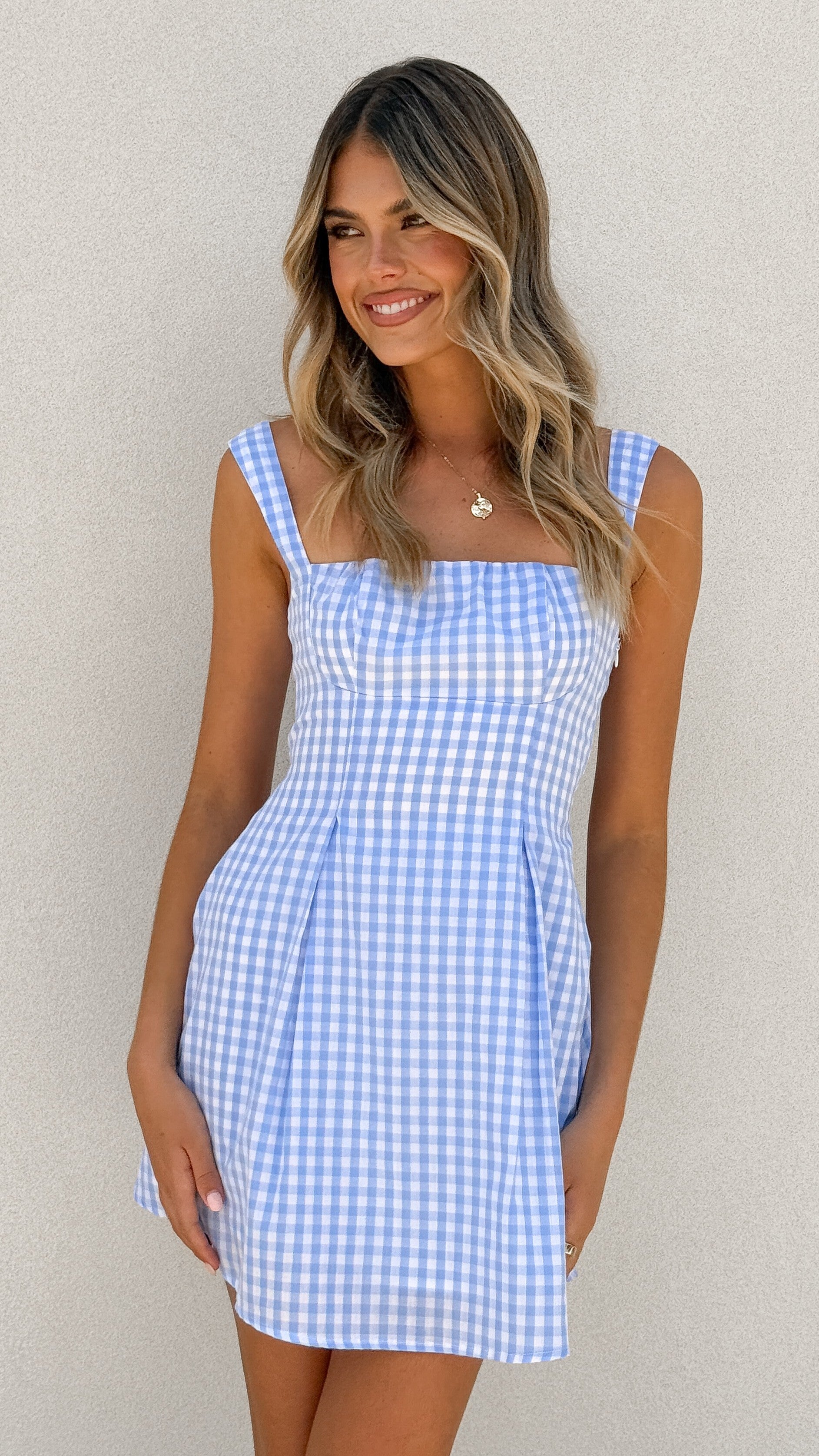 Jailene Mini Dress in Picnic Blue - Flowy Summer Dress for Women, Perfect for Beach Outings, Picnics, and Casual Dates