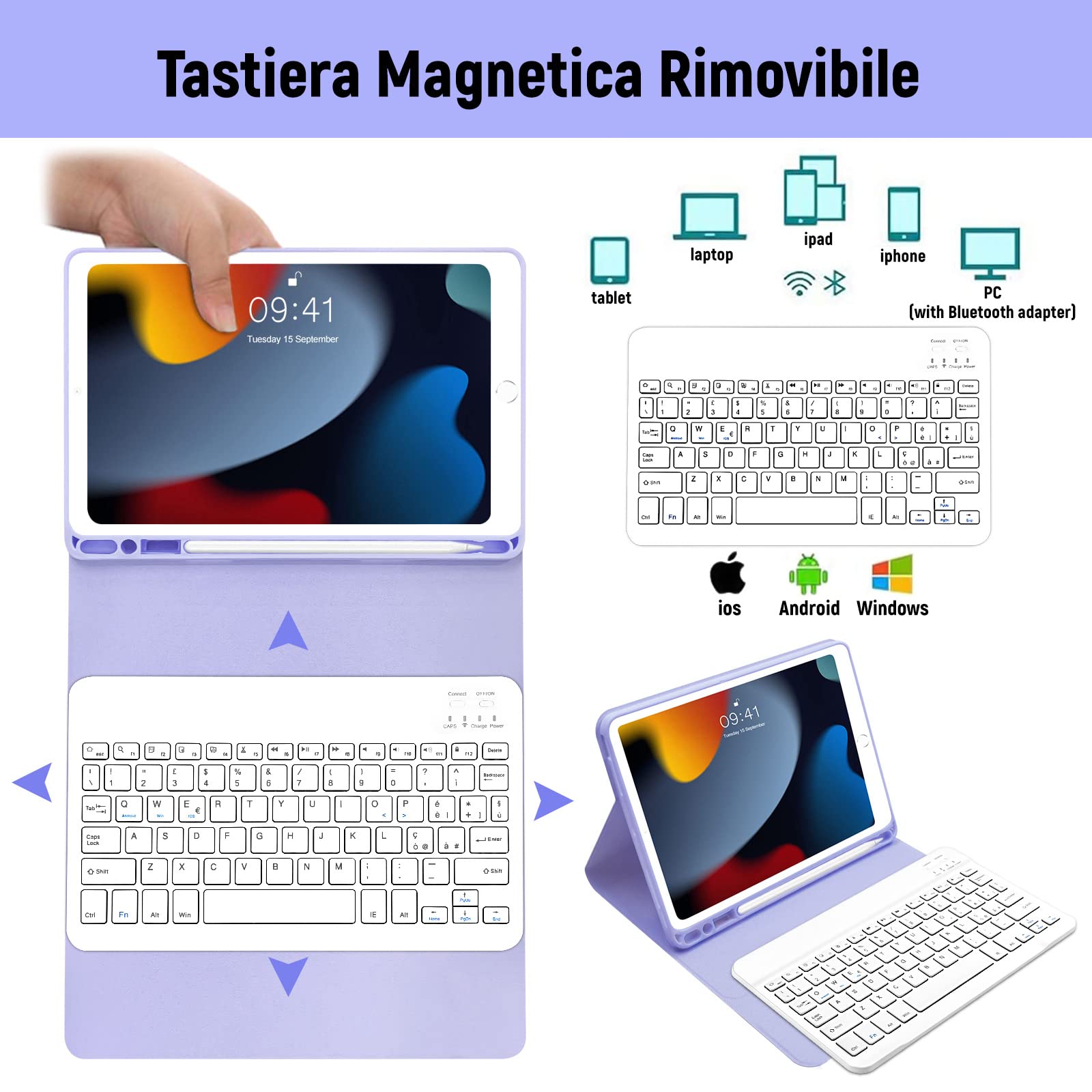 Lielax Bluetooth Keyboard Case for iPad 10.2 (2021/2020/2019 9th/8th/7th Gen), iPad Air 3 & iPad Pro 10.5 - Detachable QWERTY Keyboard, Pencil Holder Stand, Purple | Perfect for Work, Study & Travel