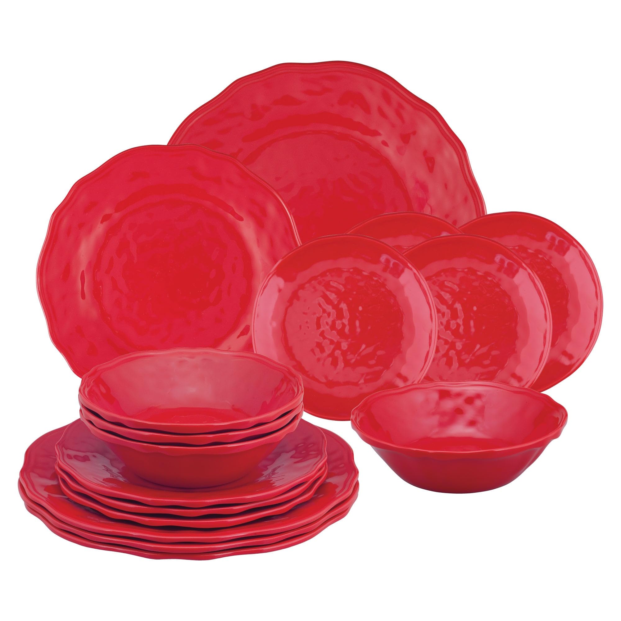 UPware 16-Piece Melamine Dinnerware Set - 4 Dinner Plates, 4 Salad Bowls, 4 Dessert Bowls & 4 Cups - Shatterproof & Lightweight for Outdoor Dining, Picnics, Camping & Everyday Use (Holiday Red)