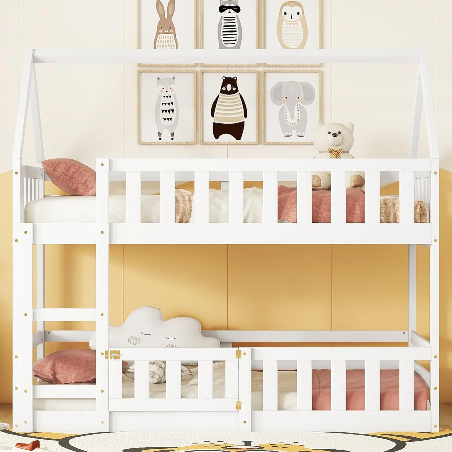 **MERITLINE Wooden Twin Over Twin Bunk Bed with Fence, Door & Roof - Kids Loft Bed for Girls & Boys - Easy Assembly, White - Perfect for Small Bedrooms & Shared Spaces**