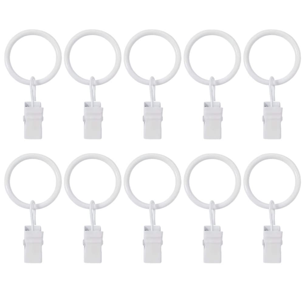 Vintage Iron Curtain Rings with Clips - 10 Pack Heavy Duty Hanging Supplies for Drapes, Shower Curtains & Fabric Bows - White Home & Bathroom Decor (Perfect for Vintage Style Bedrooms, Living Rooms & Bathrooms)