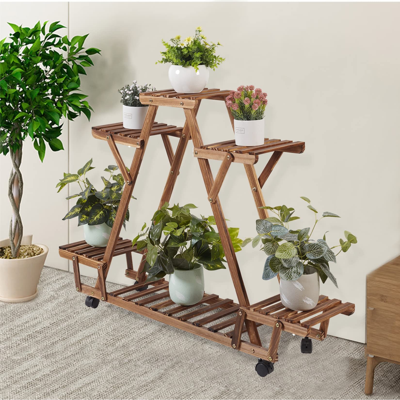 Triangular Plant Stand with Wheels - 6 Tier Carbonized Wood Flower Pot Holder Shelf for Indoor & Outdoor Garden Organizer - Gold Finish | Perfect for Balcony, Patio, and Home Decor Storage Solution