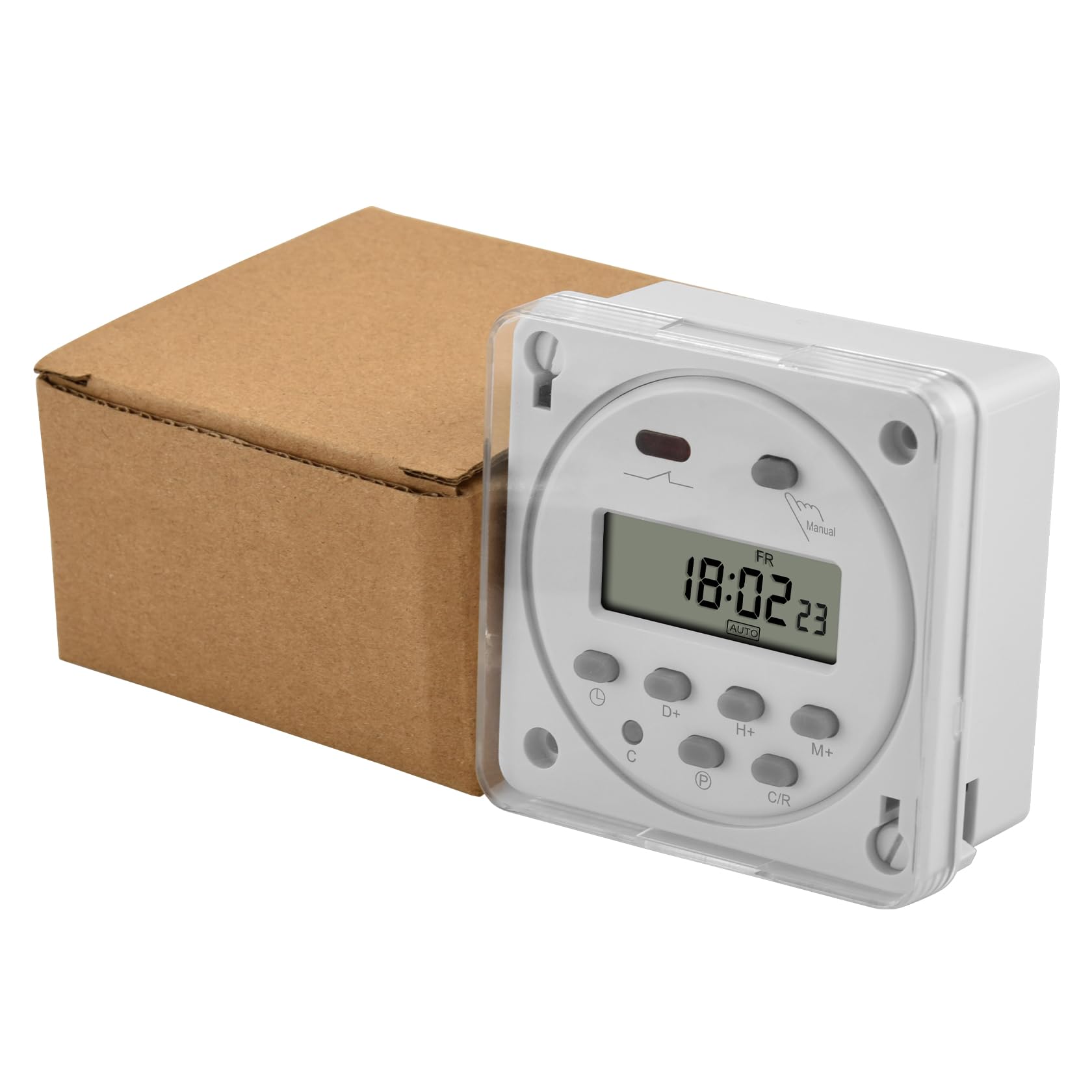Digital LCD Weekly Programmable Timer Relay Switch CN101A - 16A SPST, 200-230V AC with Waterproof Cover (CE Certified, White) - Ideal for Home Automation, Irrigation Systems & Electrical Appliances