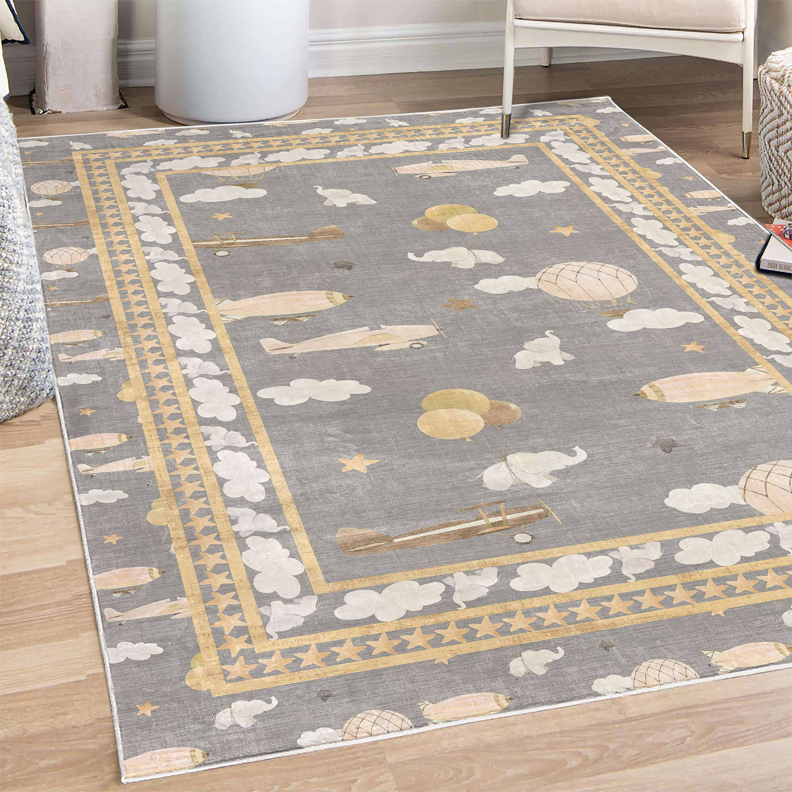 Vintage Airplane & Hot Air Balloon Cartoon Rug - Soft Decorative Carpet with Happy Animals, Clouds & Stars - 5'1